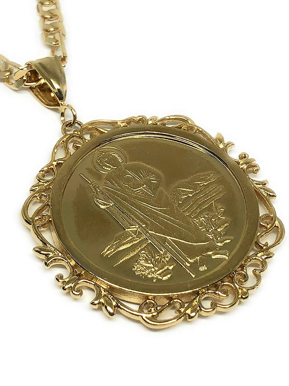 Gold Plated Saint Jude Pendant Necklace Figaro 26 San Judas Tadeo Virgen Centenario Medalla Oro Laminado