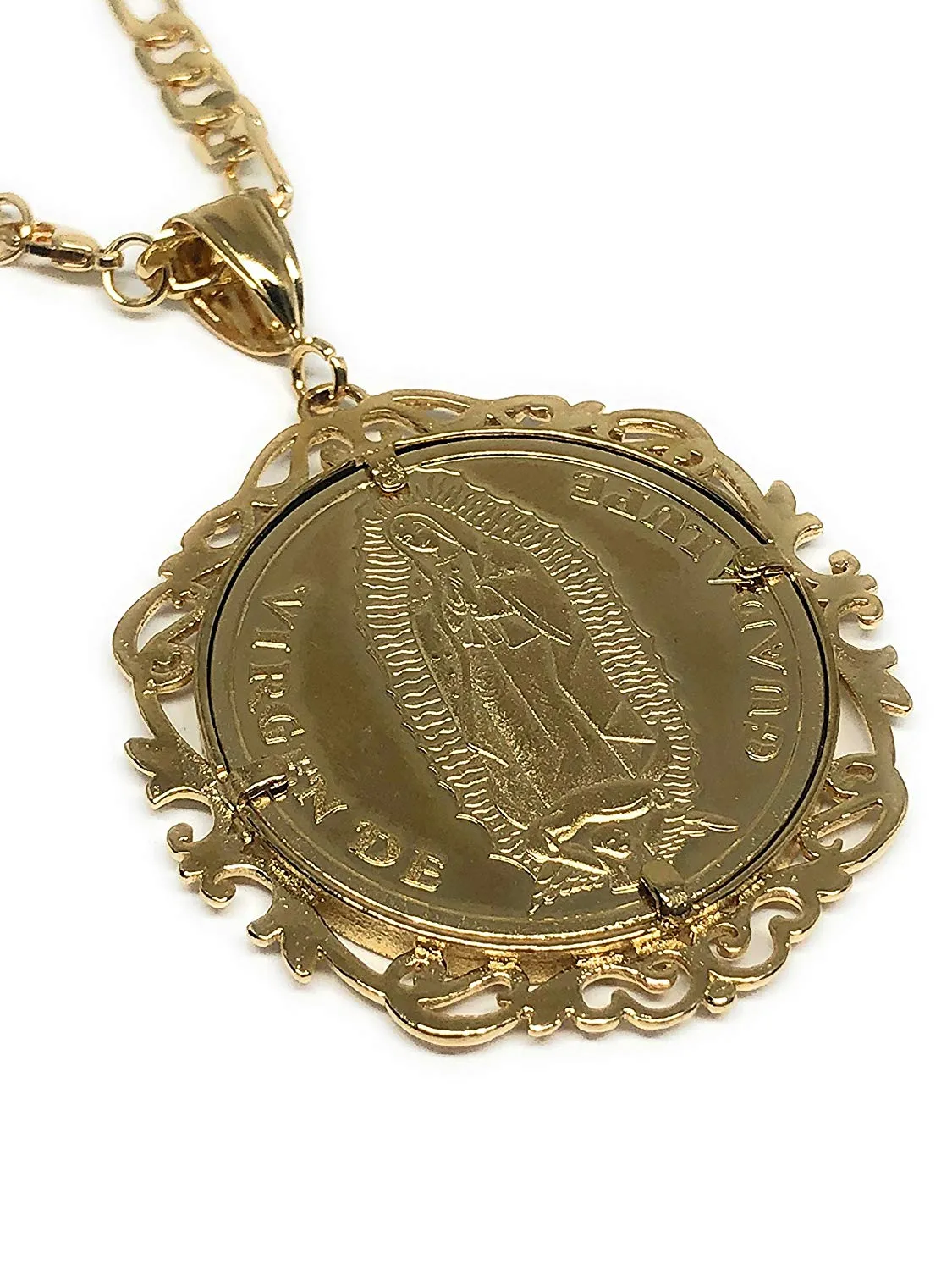 Gold Plated Saint Jude Pendant Necklace Figaro 26 San Judas Tadeo Virgen Centenario Medalla Oro Laminado