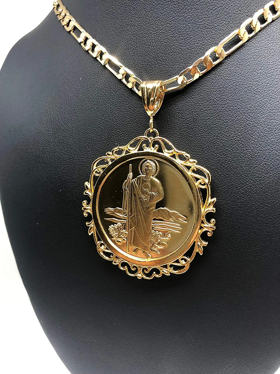 Gold Plated Saint Jude Pendant Necklace Figaro 26 San Judas Tadeo Virgen Centenario Medalla Oro Laminado