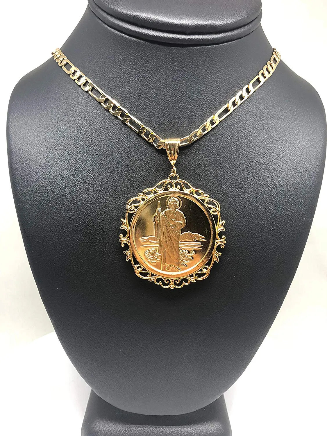 Gold Plated Saint Jude Pendant Necklace Figaro 26 San Judas Tadeo Virgen Centenario Medalla Oro Laminado