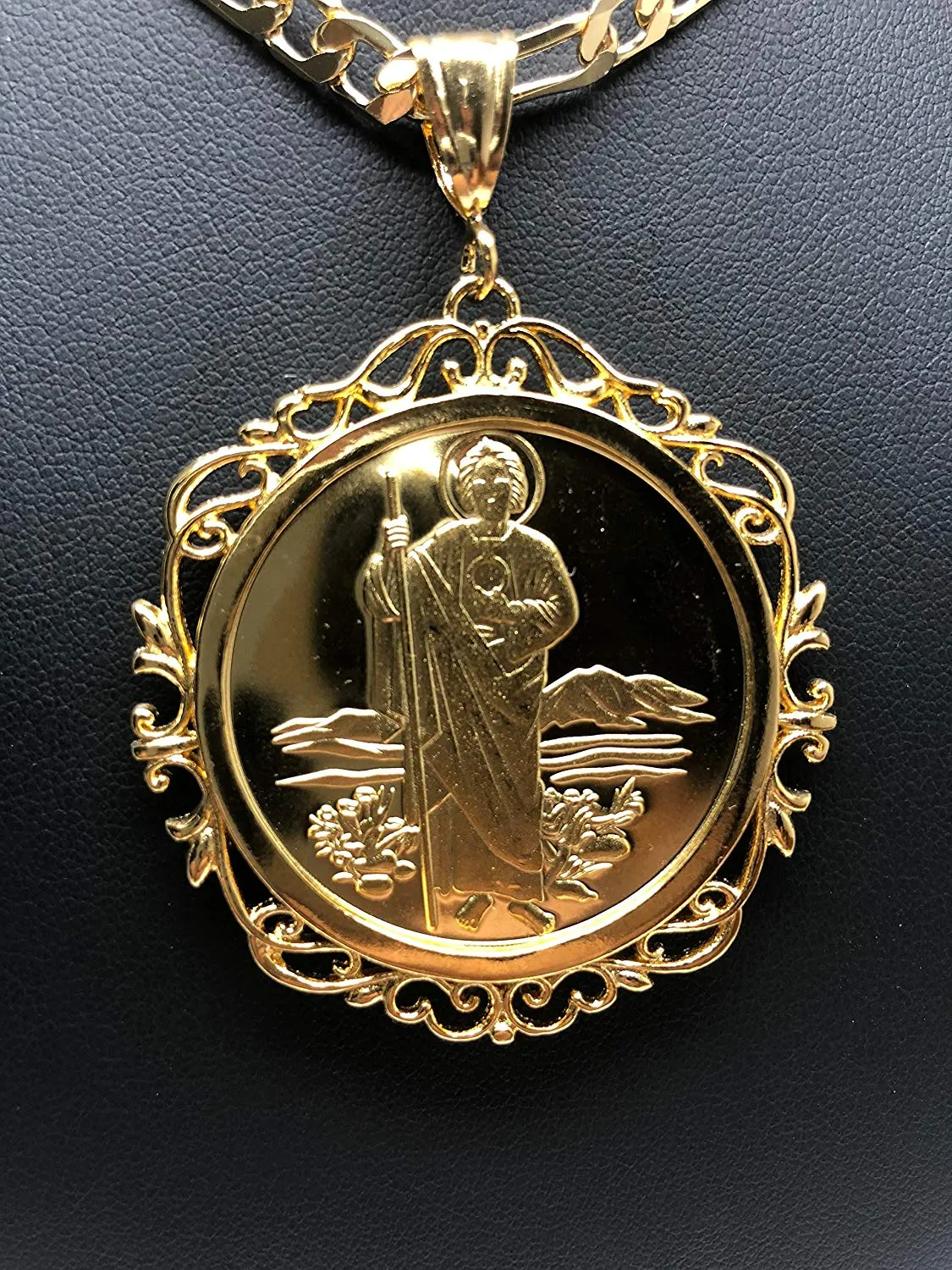 Gold Plated Saint Jude Pendant Necklace Figaro 26 San Judas Tadeo Virgen Centenario Medalla Oro Laminado