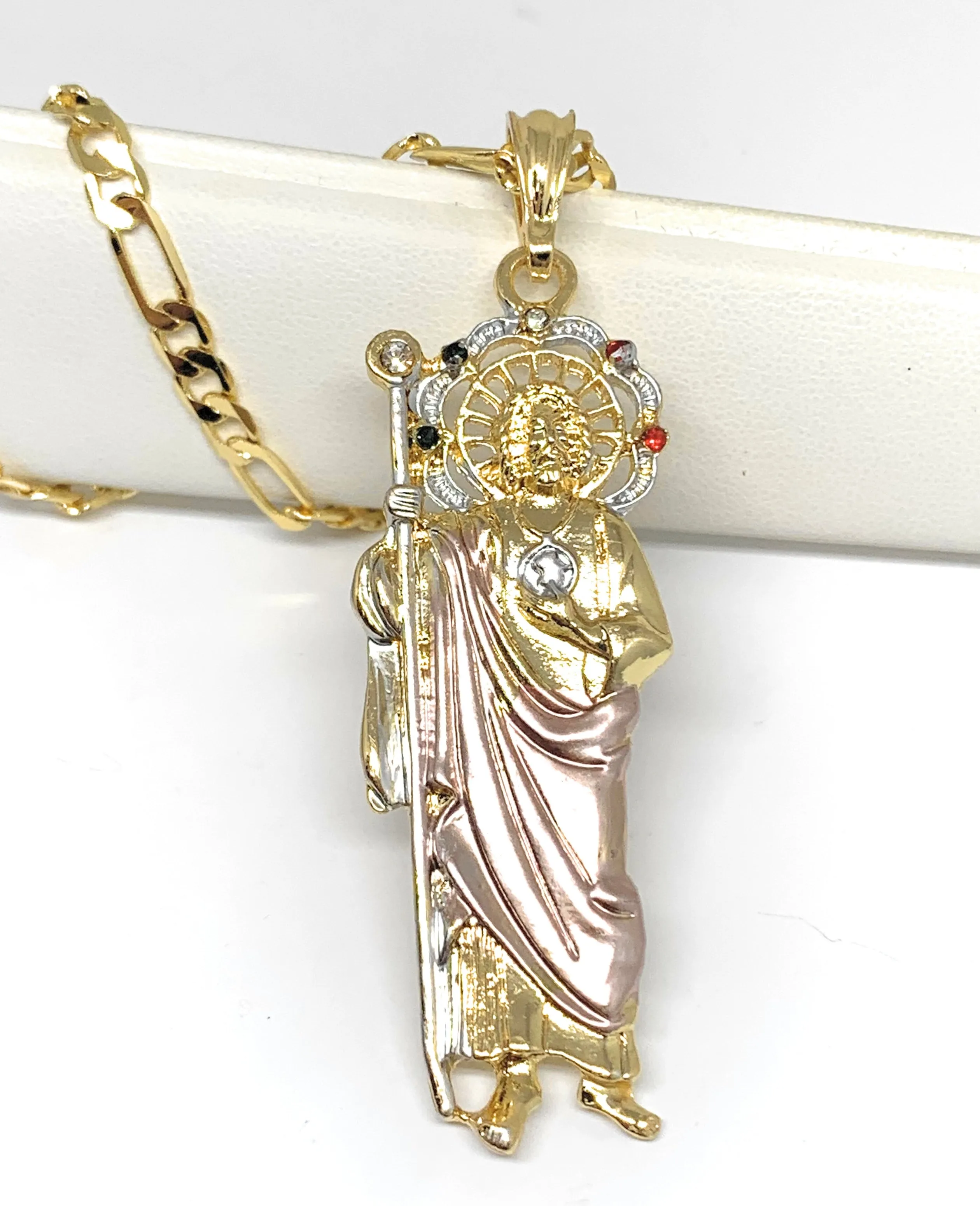 Gold Plated Tri-Color Saint Jude Pendant Necklace With Stones Figaro 26 San Judas Tadeo Tres Colores Medalla