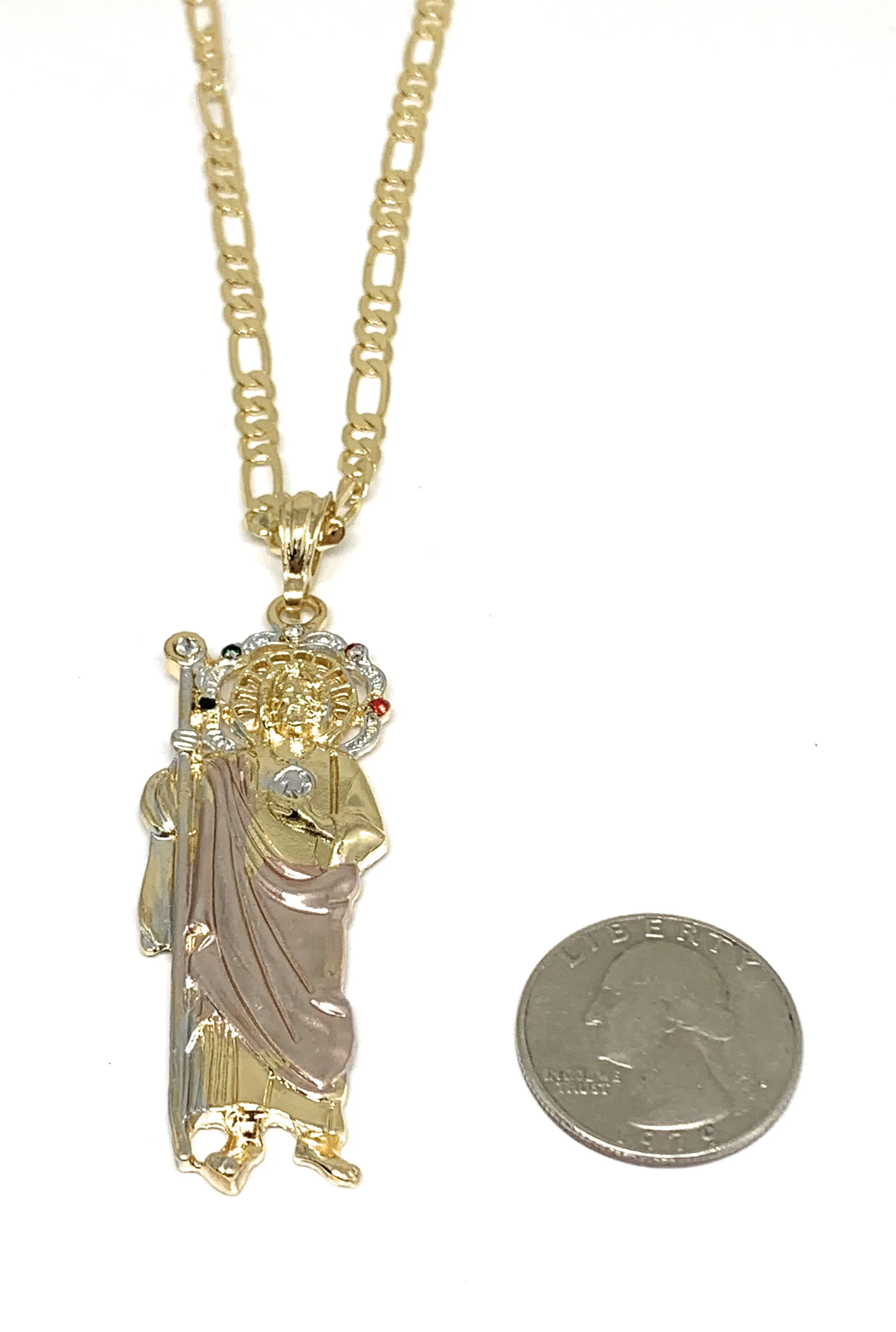 Gold Plated Tri-Color Saint Jude Pendant Necklace With Stones Figaro 26 San Judas Tadeo Tres Colores Medalla