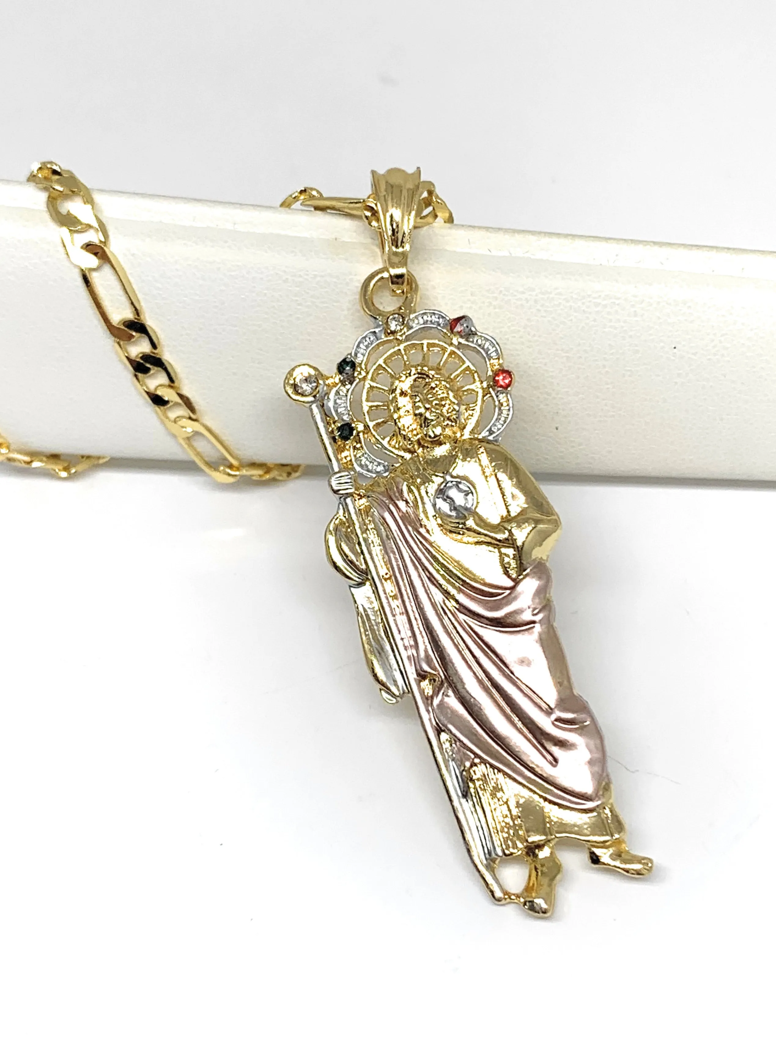 Gold Plated Tri-Color Saint Jude Pendant Necklace With Stones Figaro 26 San Judas Tadeo Tres Colores Medalla