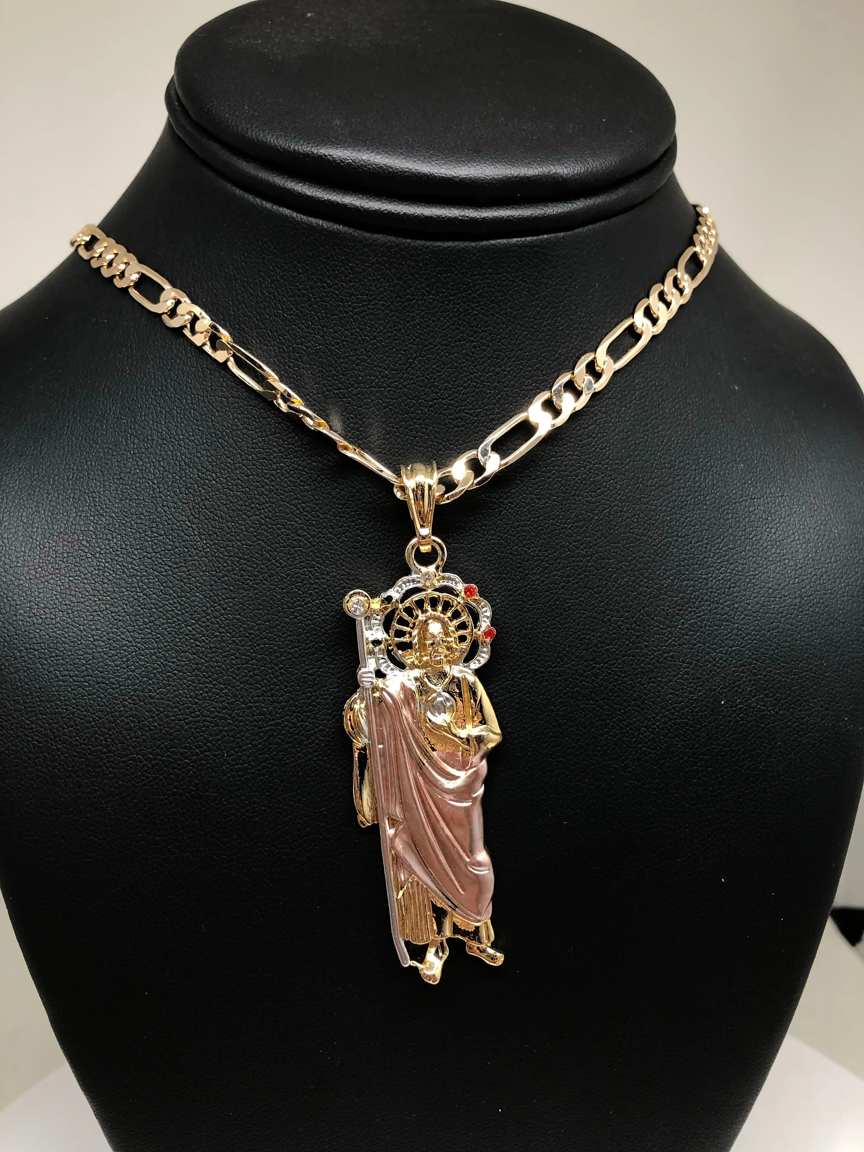 Gold Plated Tri-Color Saint Jude Pendant Necklace With Stones Figaro 26 San Judas Tadeo Tres Colores Medalla