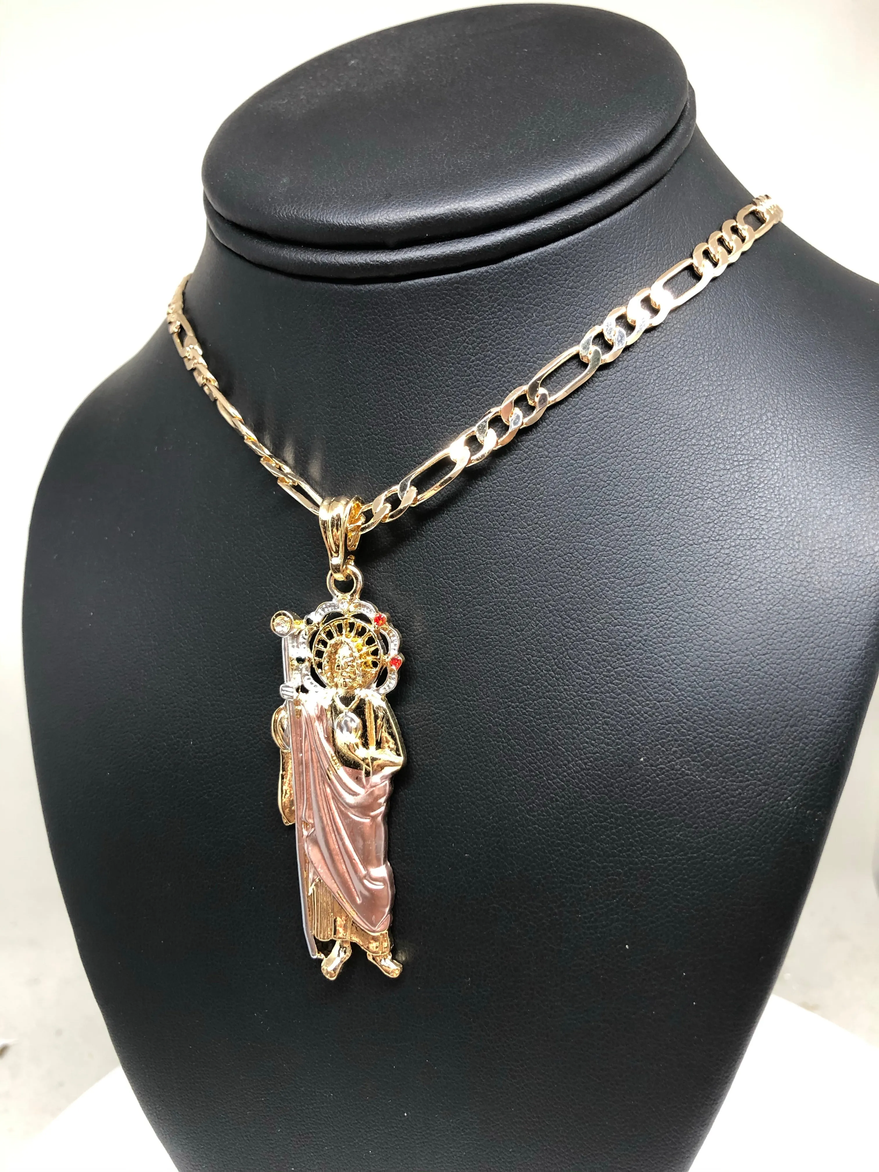 Gold Plated Tri-Color Saint Jude Pendant Necklace With Stones Figaro 26 San Judas Tadeo Tres Colores Medalla