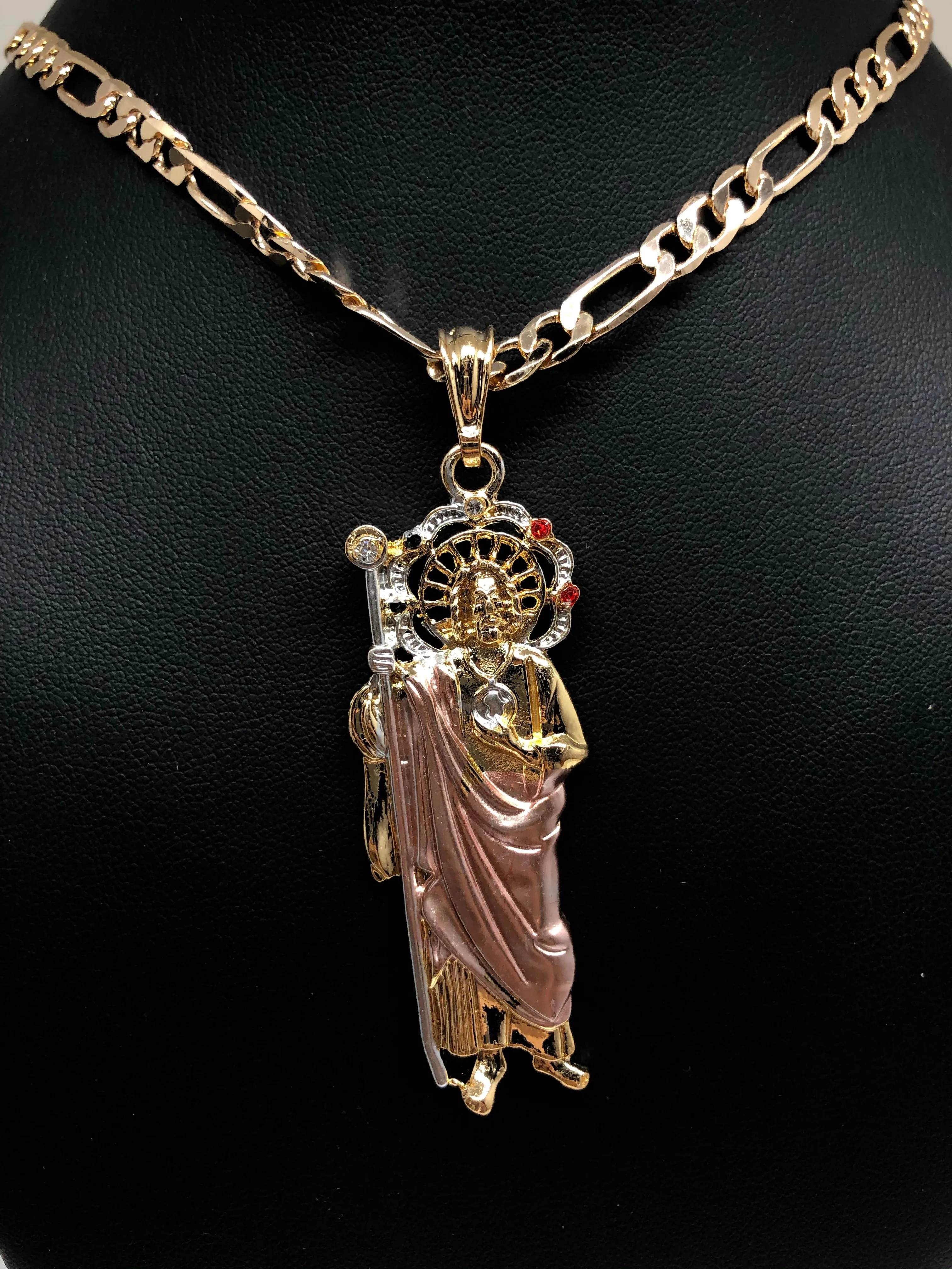 Gold Plated Tri-Color Saint Jude Pendant Necklace With Stones Figaro 26 San Judas Tadeo Tres Colores Medalla