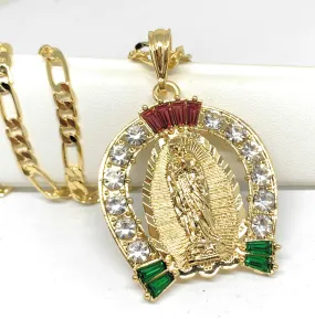 Gold Plated Virgin Mary Colorful CZ Horseshoe Pendant Necklace Figaro 24 Virgen de Guadalupe Medalla Oro Laminado