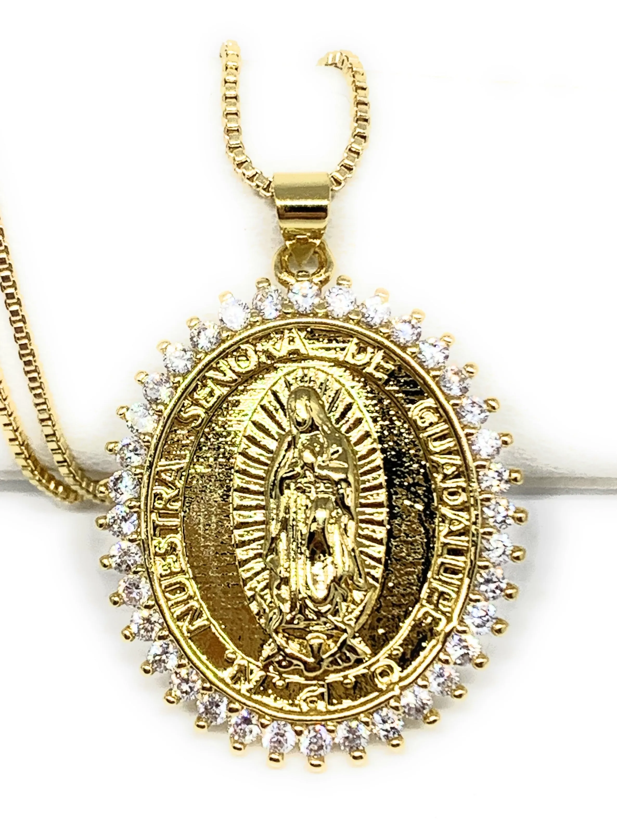 Gold Plated Virgin Mary Pendant Necklace CZ 20” Virgen de Guadalupe