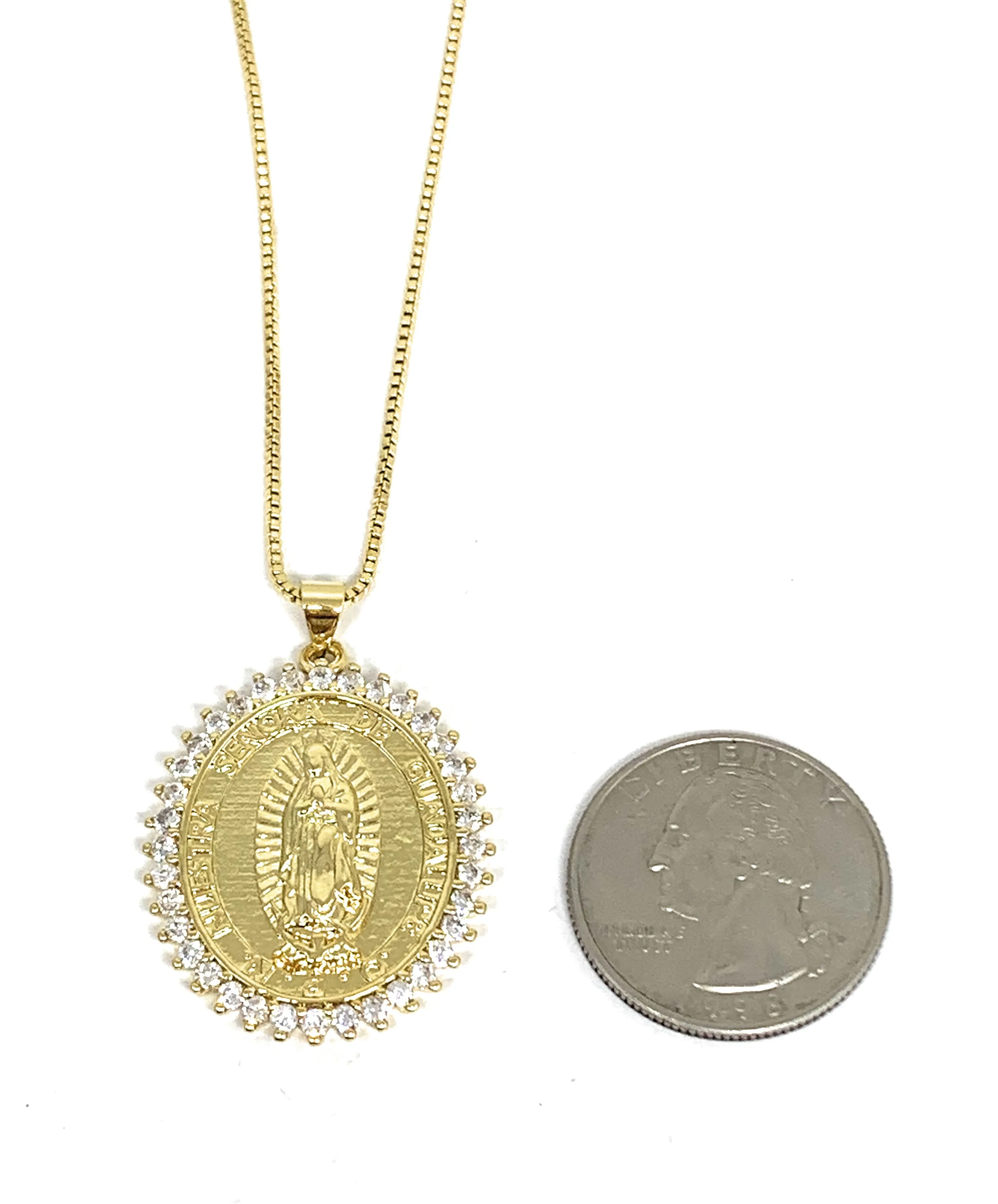 Gold Plated Virgin Mary Pendant Necklace CZ 20” Virgen de Guadalupe