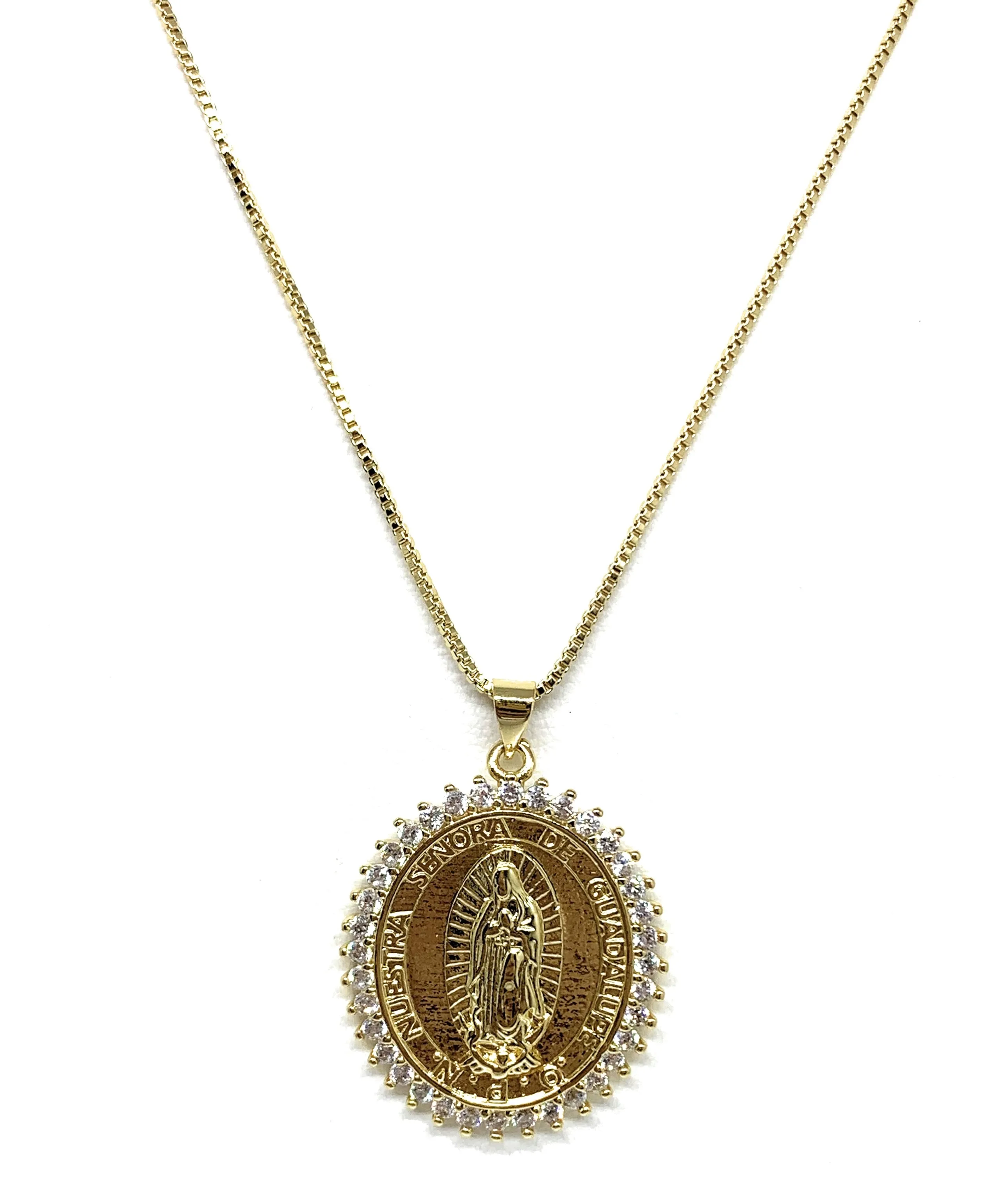 Gold Plated Virgin Mary Pendant Necklace CZ 20” Virgen de Guadalupe