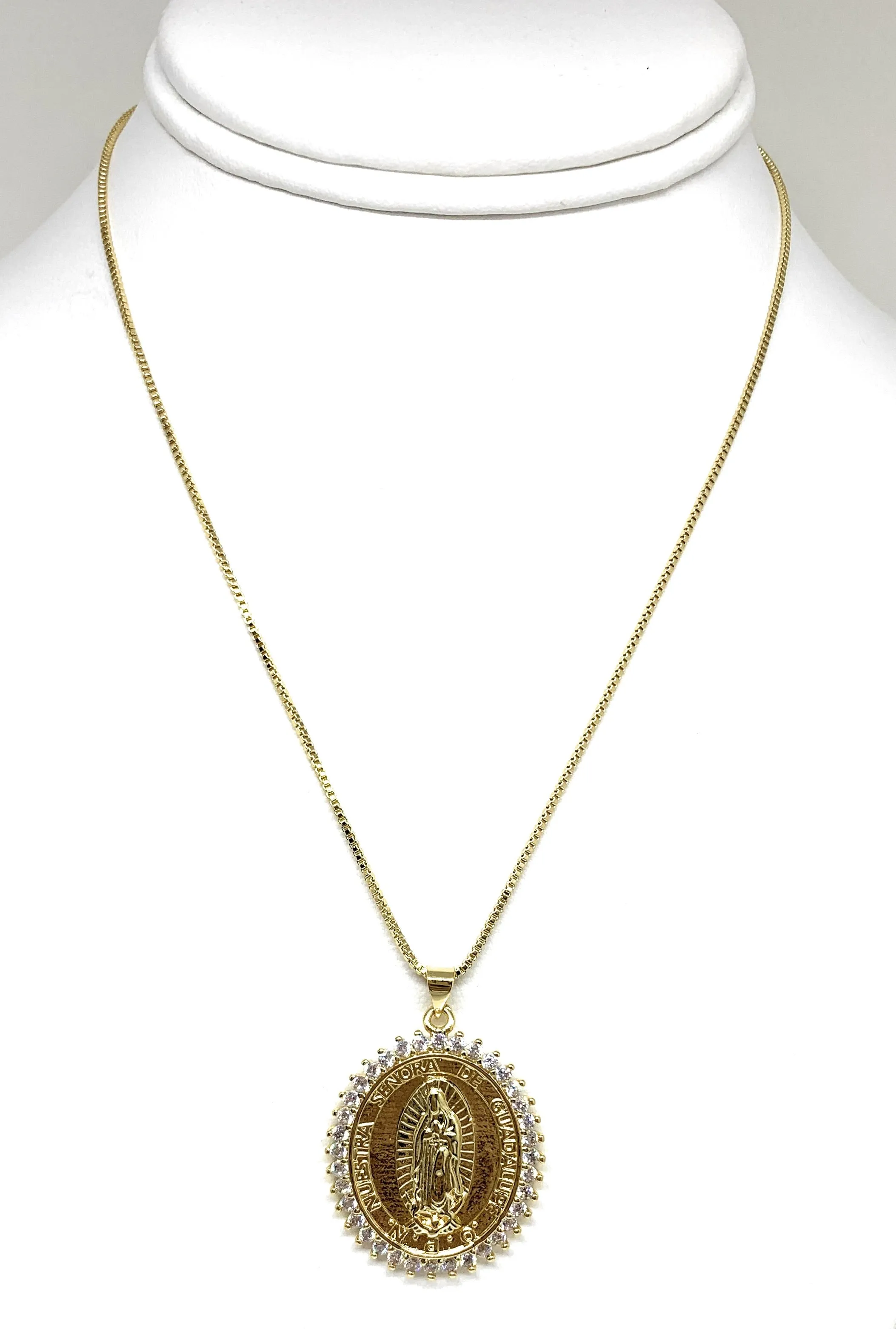 Gold Plated Virgin Mary Pendant Necklace CZ 20” Virgen de Guadalupe