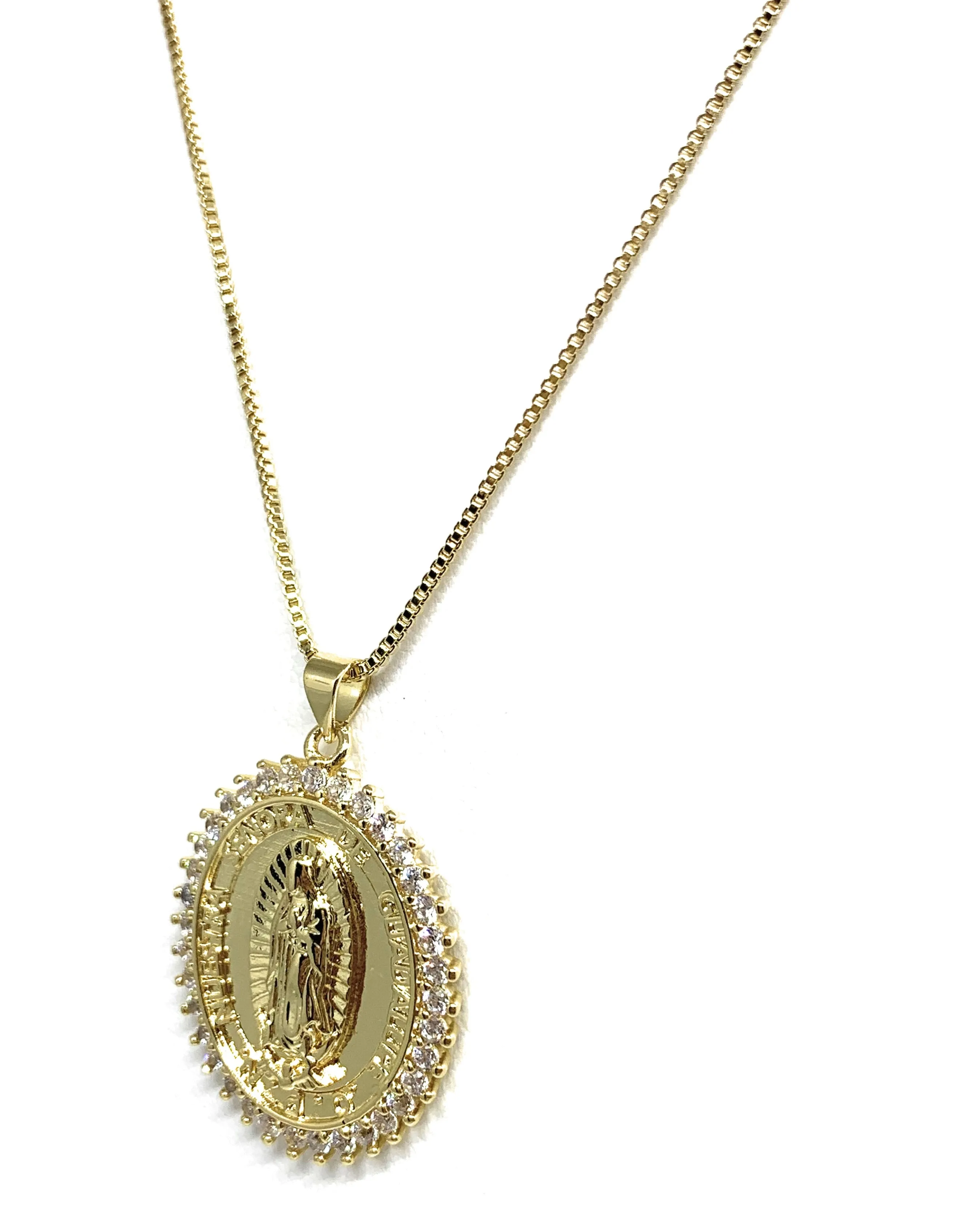 Gold Plated Virgin Mary Pendant Necklace CZ 20” Virgen de Guadalupe