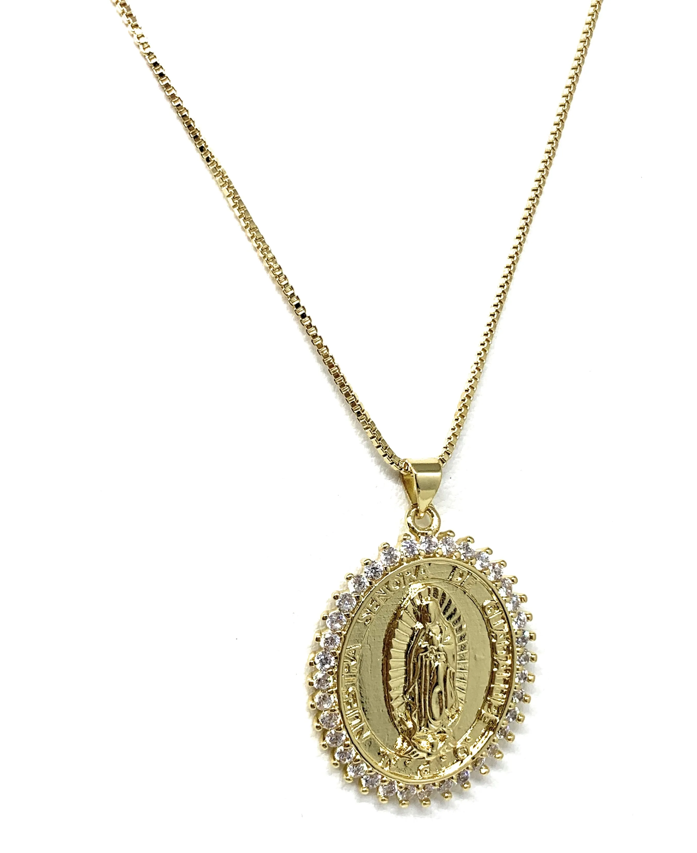 Gold Plated Virgin Mary Pendant Necklace CZ 20” Virgen de Guadalupe