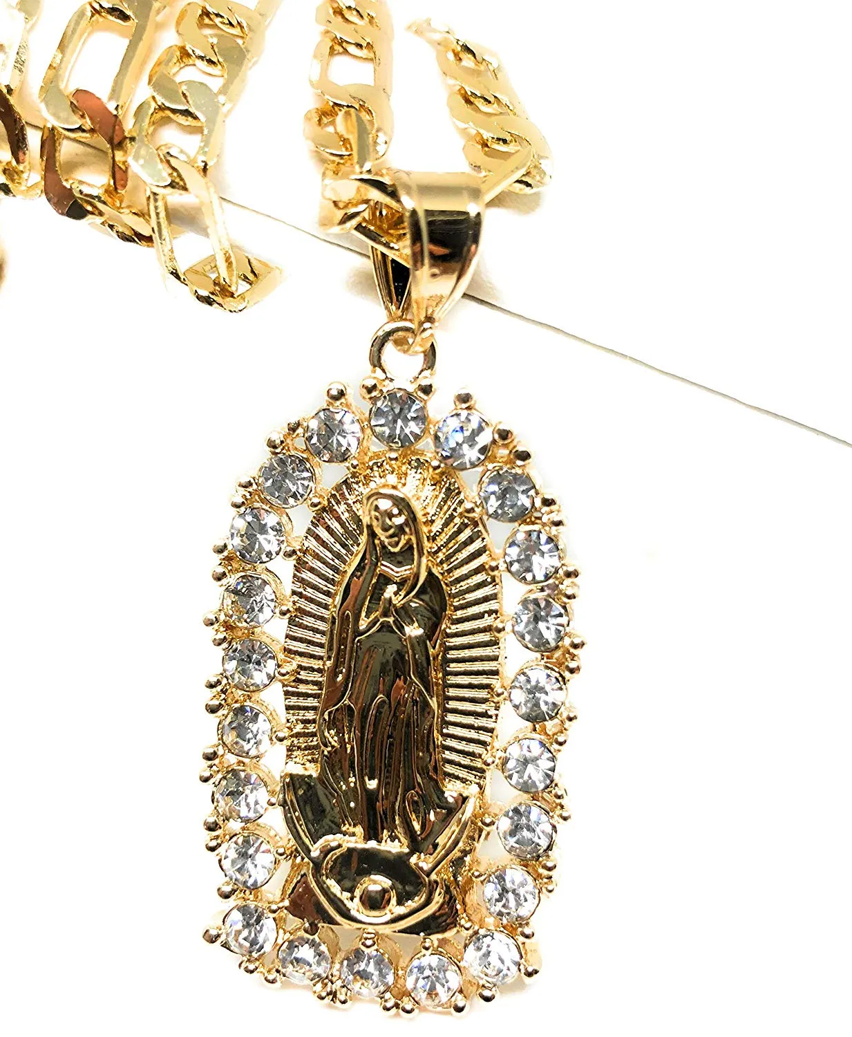 Gold Plated Virgin Mary Pendant Necklace Figaro 24 Virgen de Guadalupe Medalla Oro Laminado