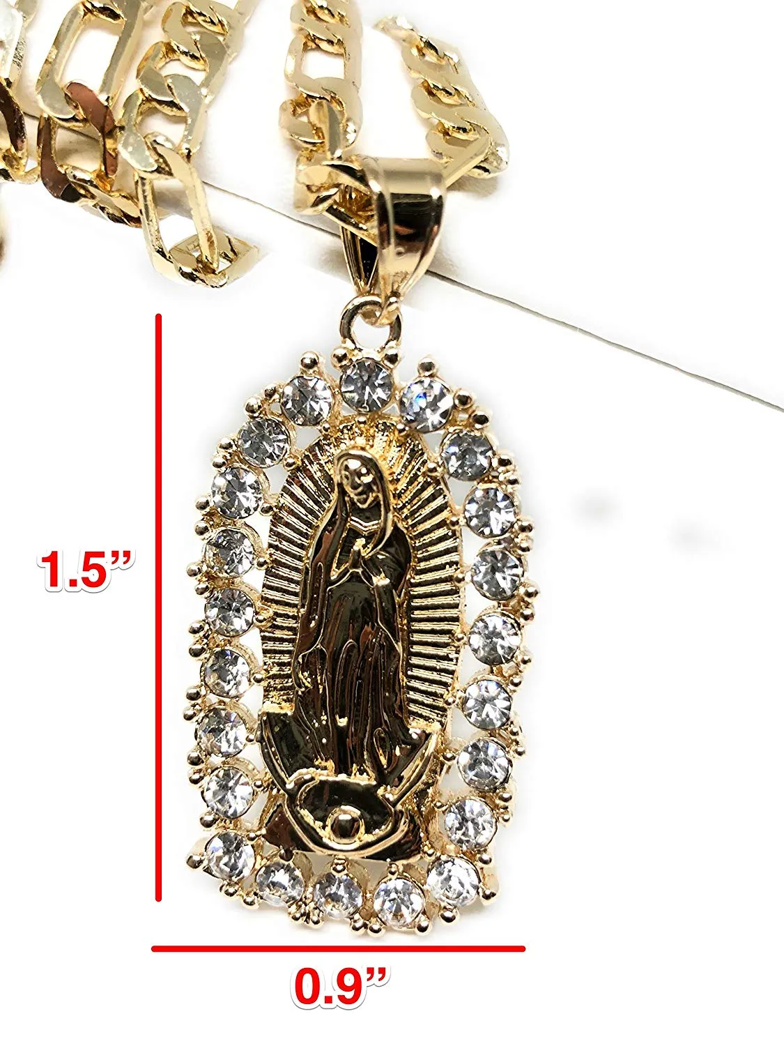 Gold Plated Virgin Mary Pendant Necklace Figaro 24 Virgen de Guadalupe Medalla Oro Laminado