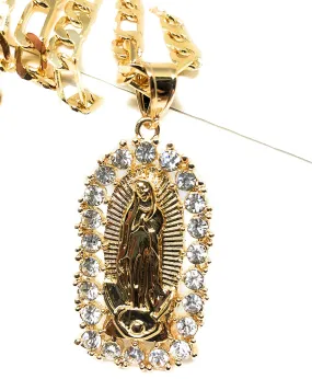 Gold Plated Virgin Mary Pendant Necklace Figaro 24 Virgen de Guadalupe Medalla Oro Laminado