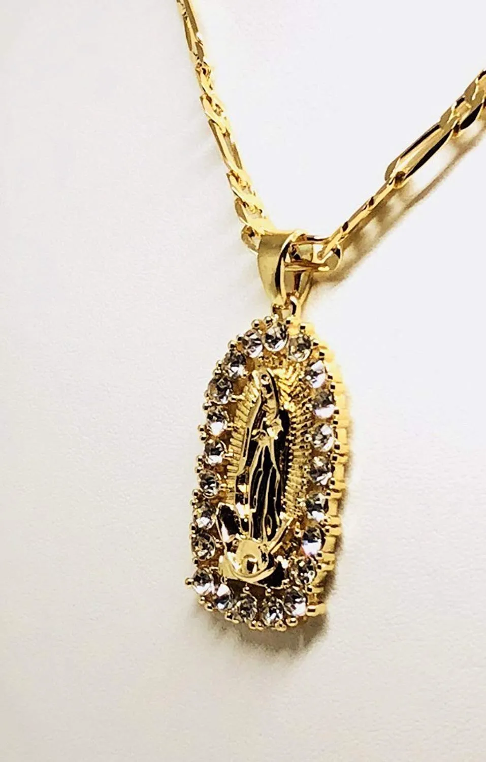 Gold Plated Virgin Mary Pendant Necklace Figaro 24 Virgen de Guadalupe Medalla Oro Laminado