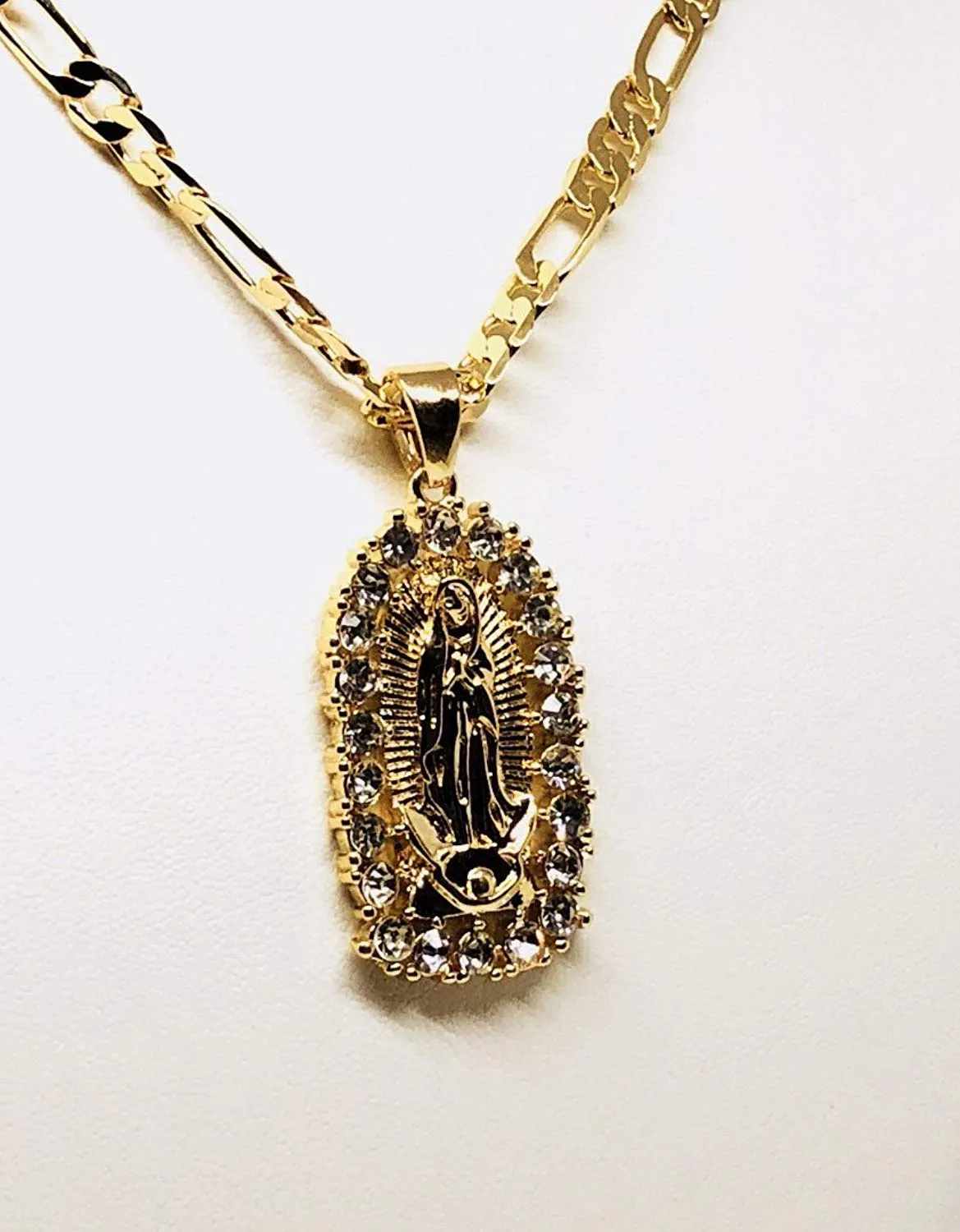 Gold Plated Virgin Mary Pendant Necklace Figaro 24 Virgen de Guadalupe Medalla Oro Laminado