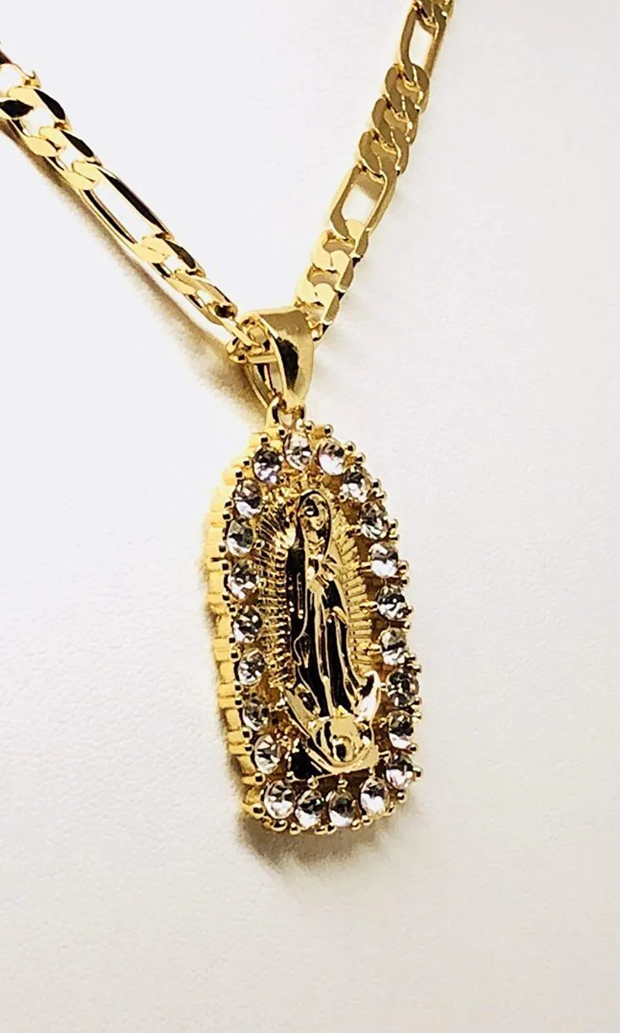 Gold Plated Virgin Mary Pendant Necklace Figaro 24 Virgen de Guadalupe Medalla Oro Laminado