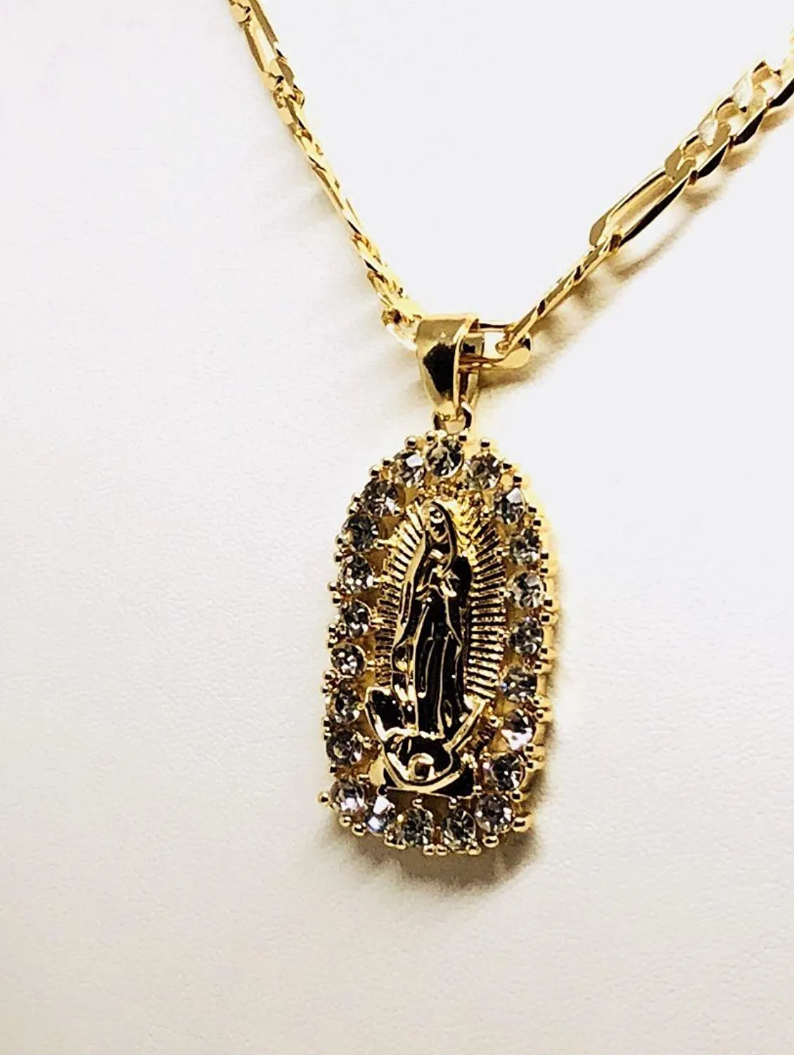 Gold Plated Virgin Mary Pendant Necklace Figaro 24 Virgen de Guadalupe Medalla Oro Laminado