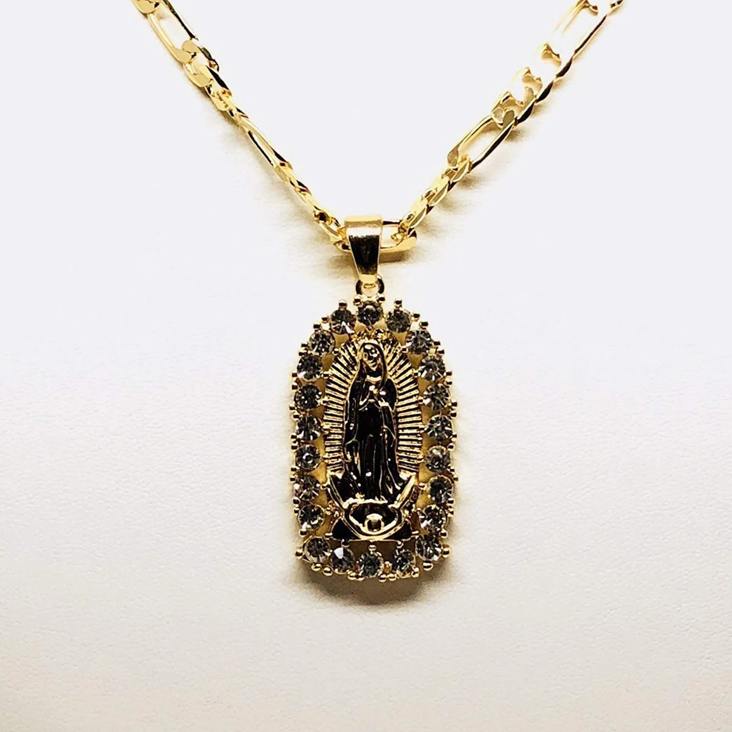 Gold Plated Virgin Mary Pendant Necklace Figaro 24 Virgen de Guadalupe Medalla Oro Laminado