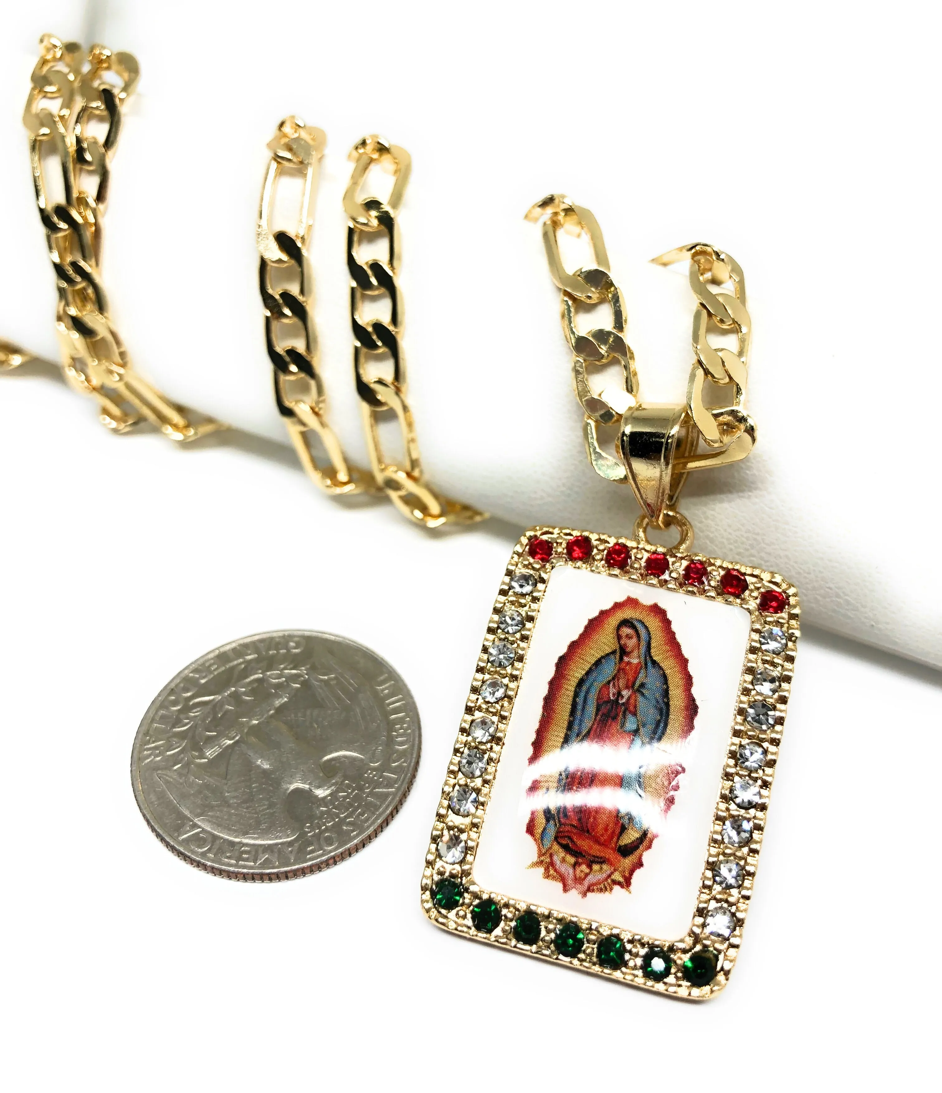 Gold Plated Virgin Mary Pendant Necklace Figaro 26 Virgen de Guadalupe Medalla Oro Laminado