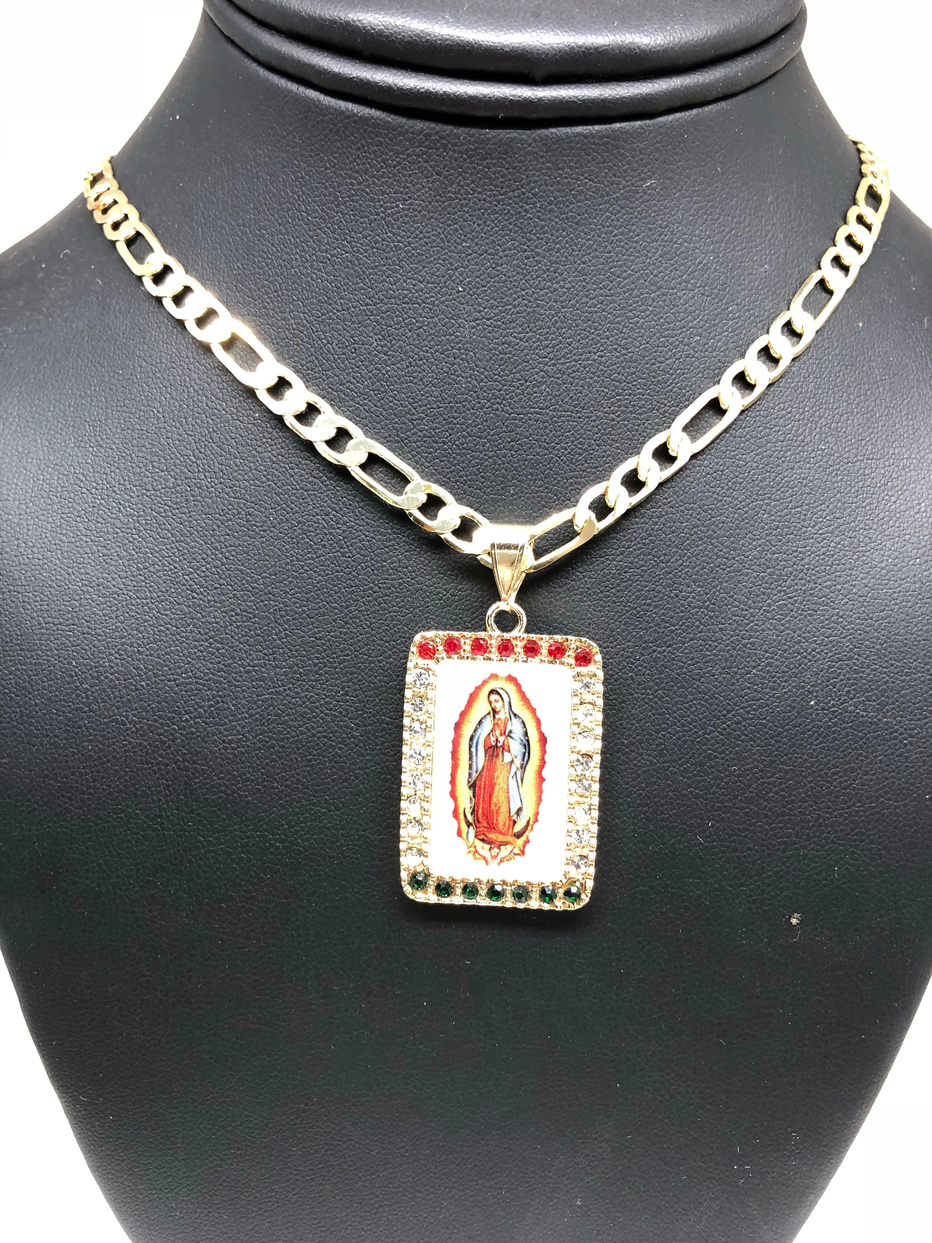 Gold Plated Virgin Mary Pendant Necklace Figaro 26 Virgen de Guadalupe Medalla Oro Laminado