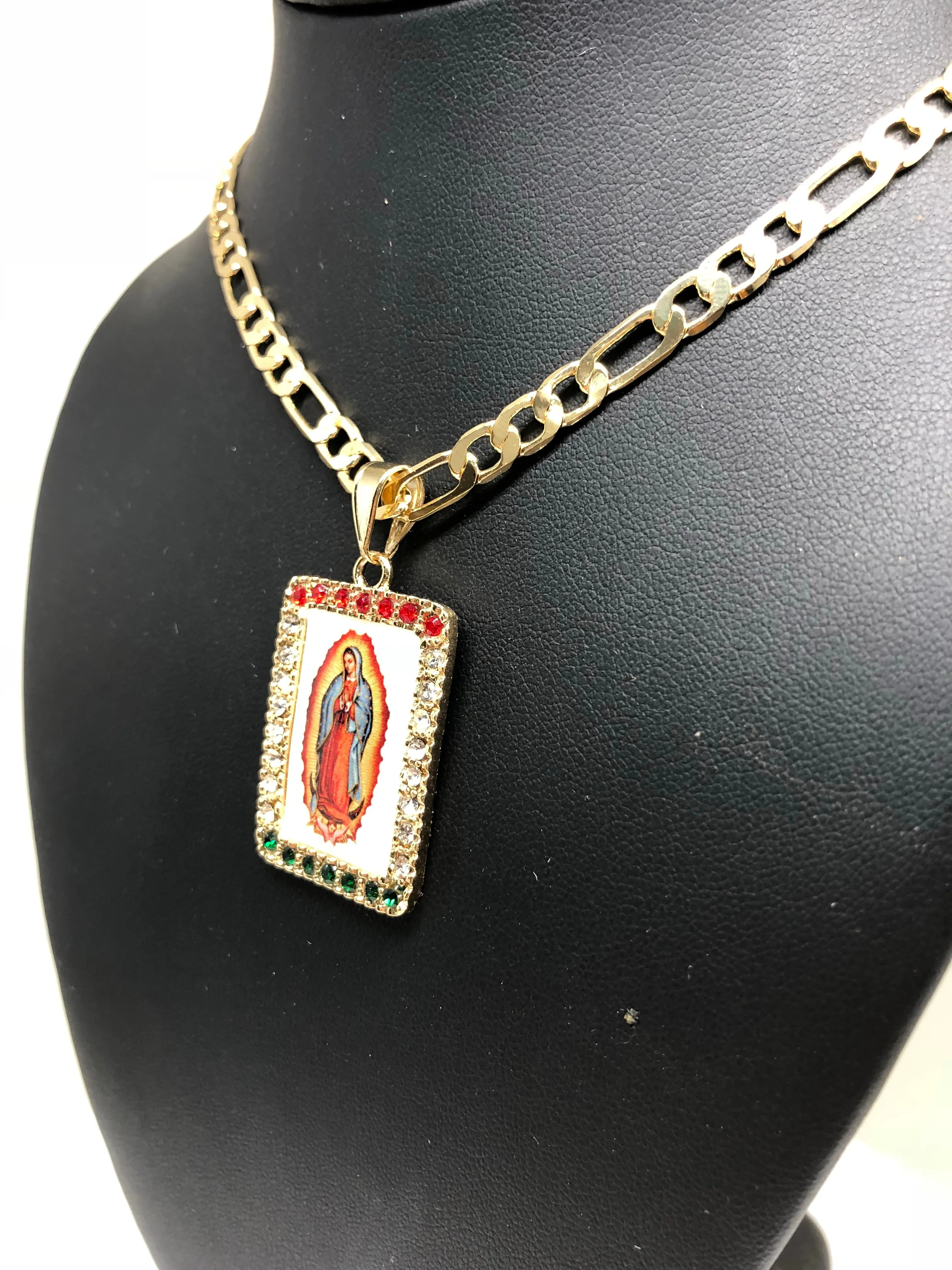 Gold Plated Virgin Mary Pendant Necklace Figaro 26 Virgen de Guadalupe Medalla Oro Laminado