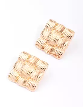 Gold Quilted Square Stud Earrings