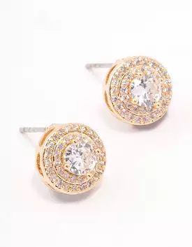 Gold Round Stone Ornate Stud Earrings