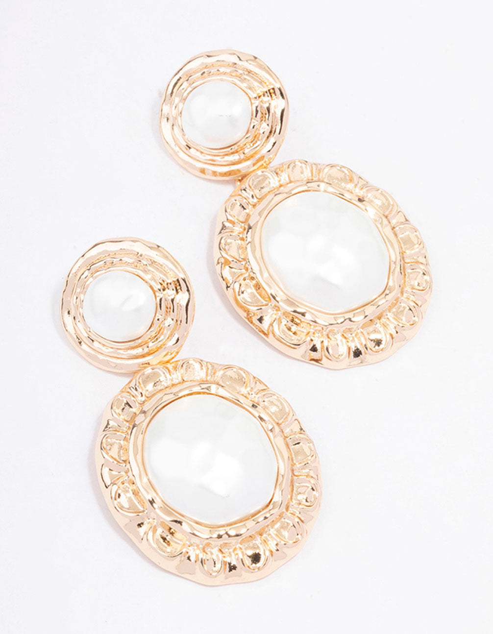 Gold Textured Double Pearl Drop Earrings