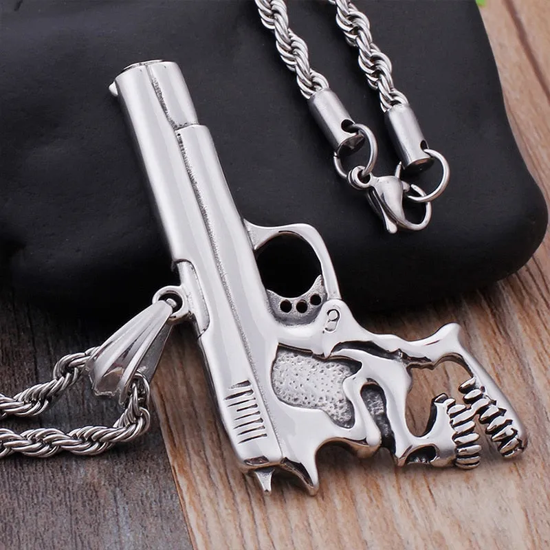 Hip Hop Pistol Skull Pendant Necklace