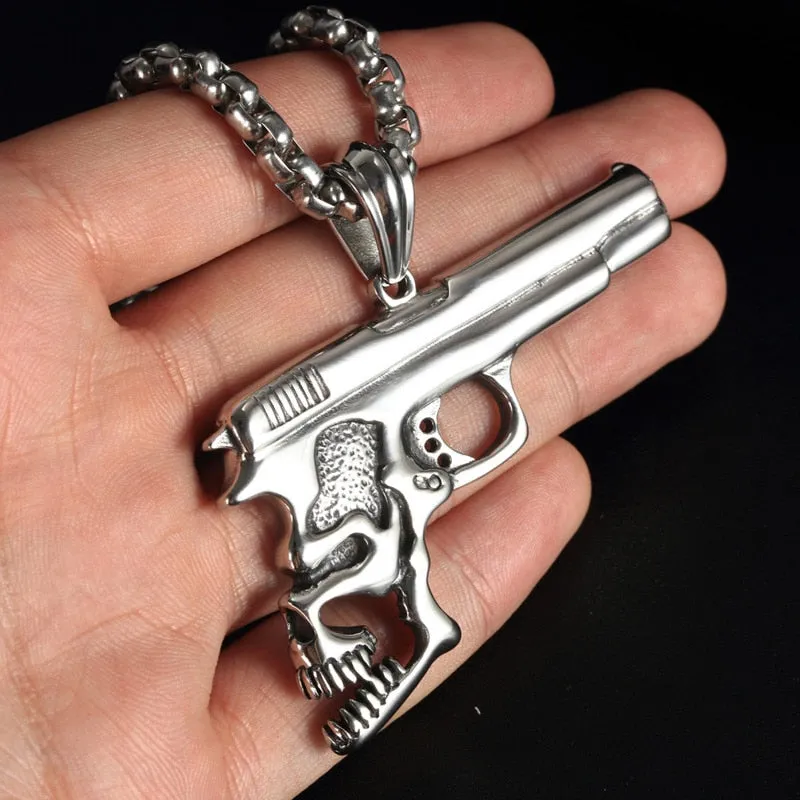 Hip Hop Pistol Skull Pendant Necklace