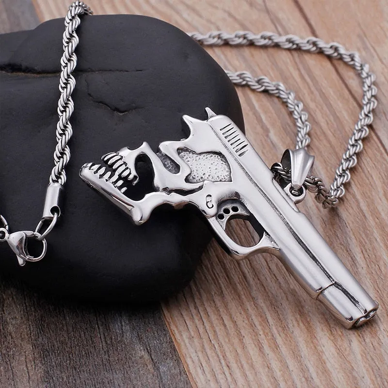 Hip Hop Pistol Skull Pendant Necklace