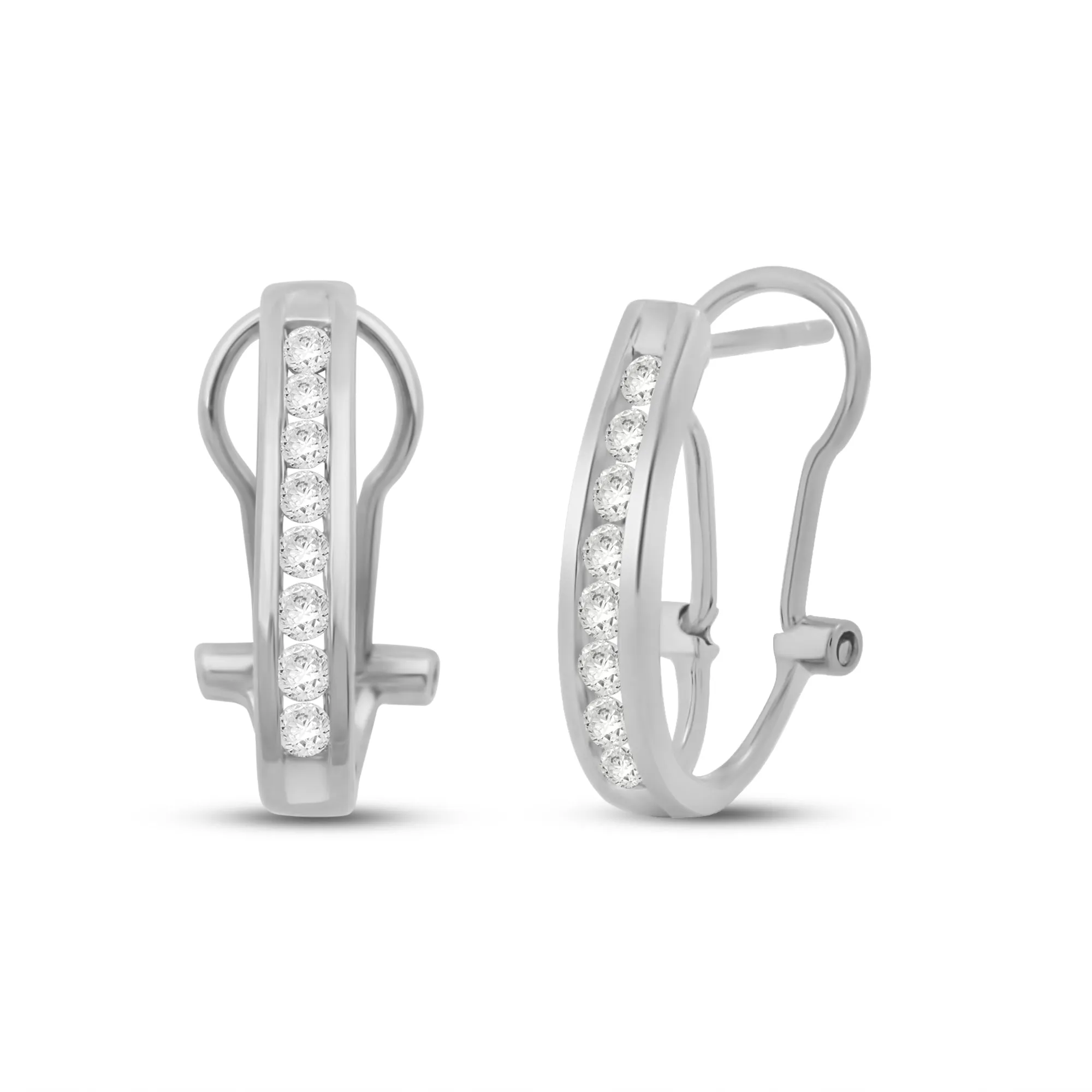 Jewelili 10K White Gold with 1/2 CTTW Natural Round White Diamonds Omega Back Hoop Earrings