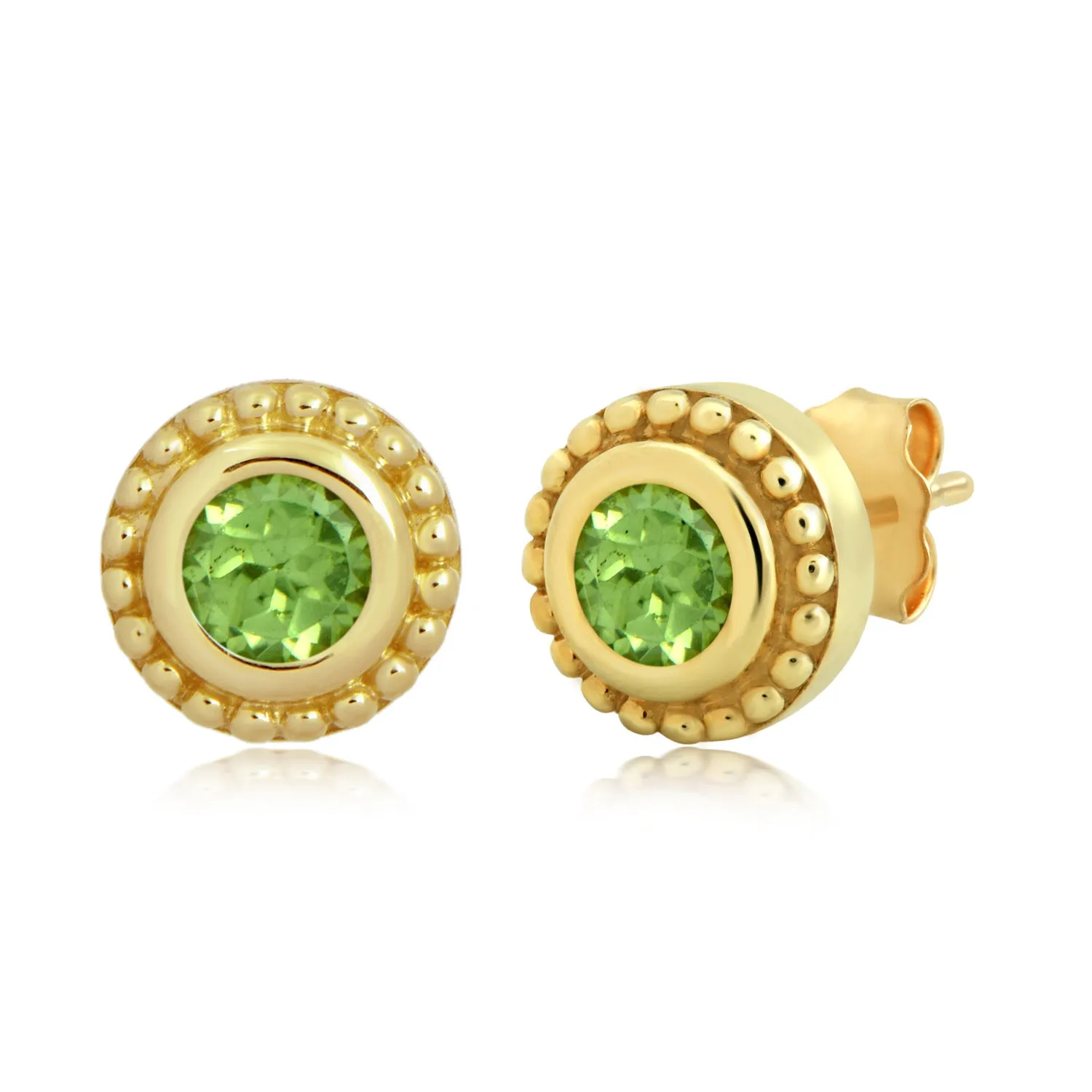 Jewelili 10K Yellow Gold with Natural Round Peridot Stud Earrings