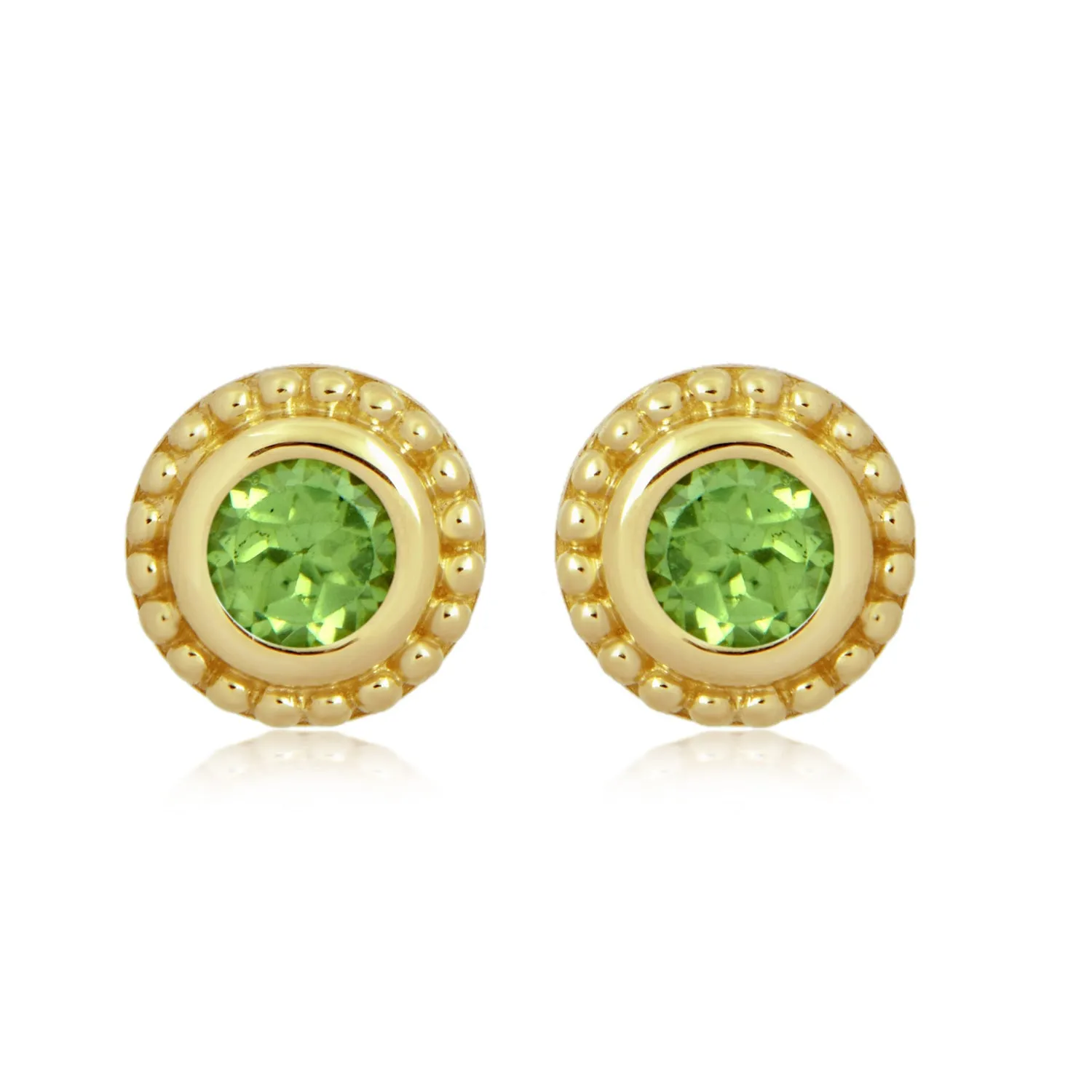 Jewelili 10K Yellow Gold with Natural Round Peridot Stud Earrings