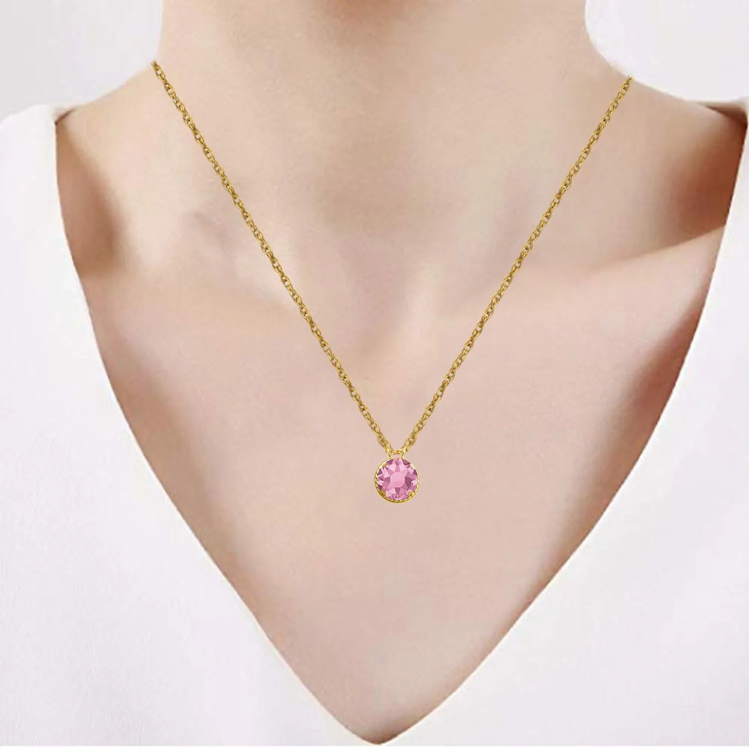 Jewelili 10K Yellow Gold With Rose Cubic Zirconia Crystal Pendant Necklace