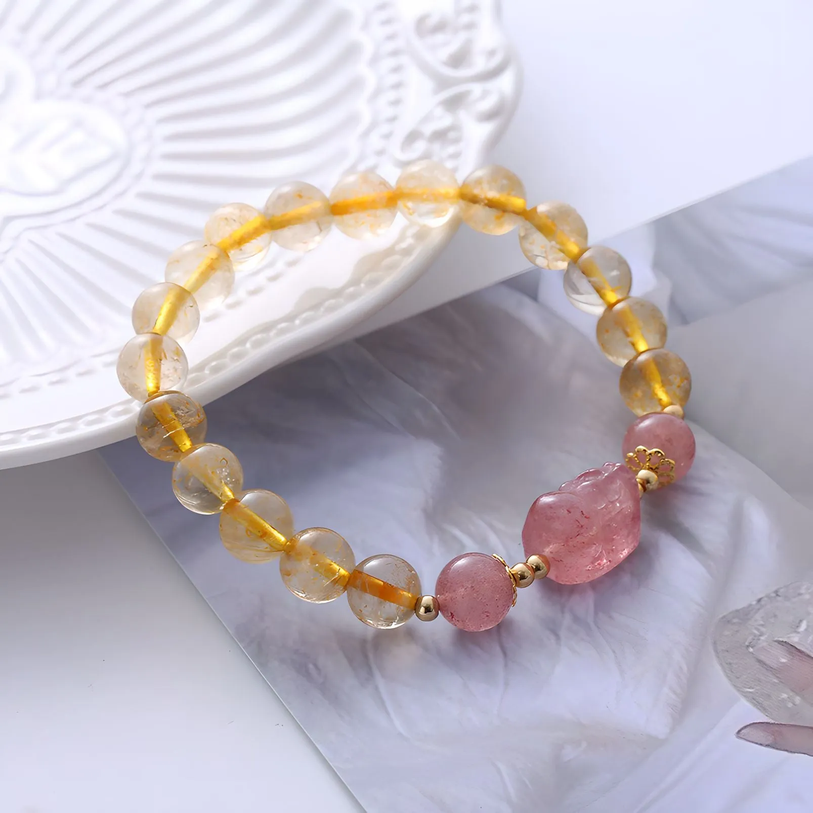 Luxyin Penny Strawberry Quartz Crystal Bead Bracelet