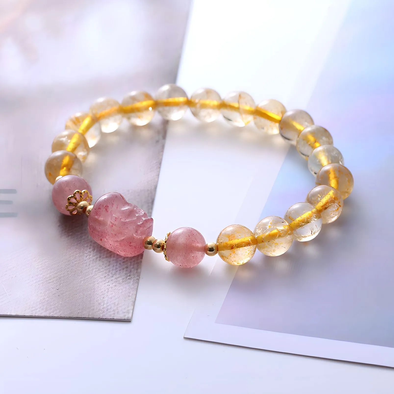 Luxyin Penny Strawberry Quartz Crystal Bead Bracelet