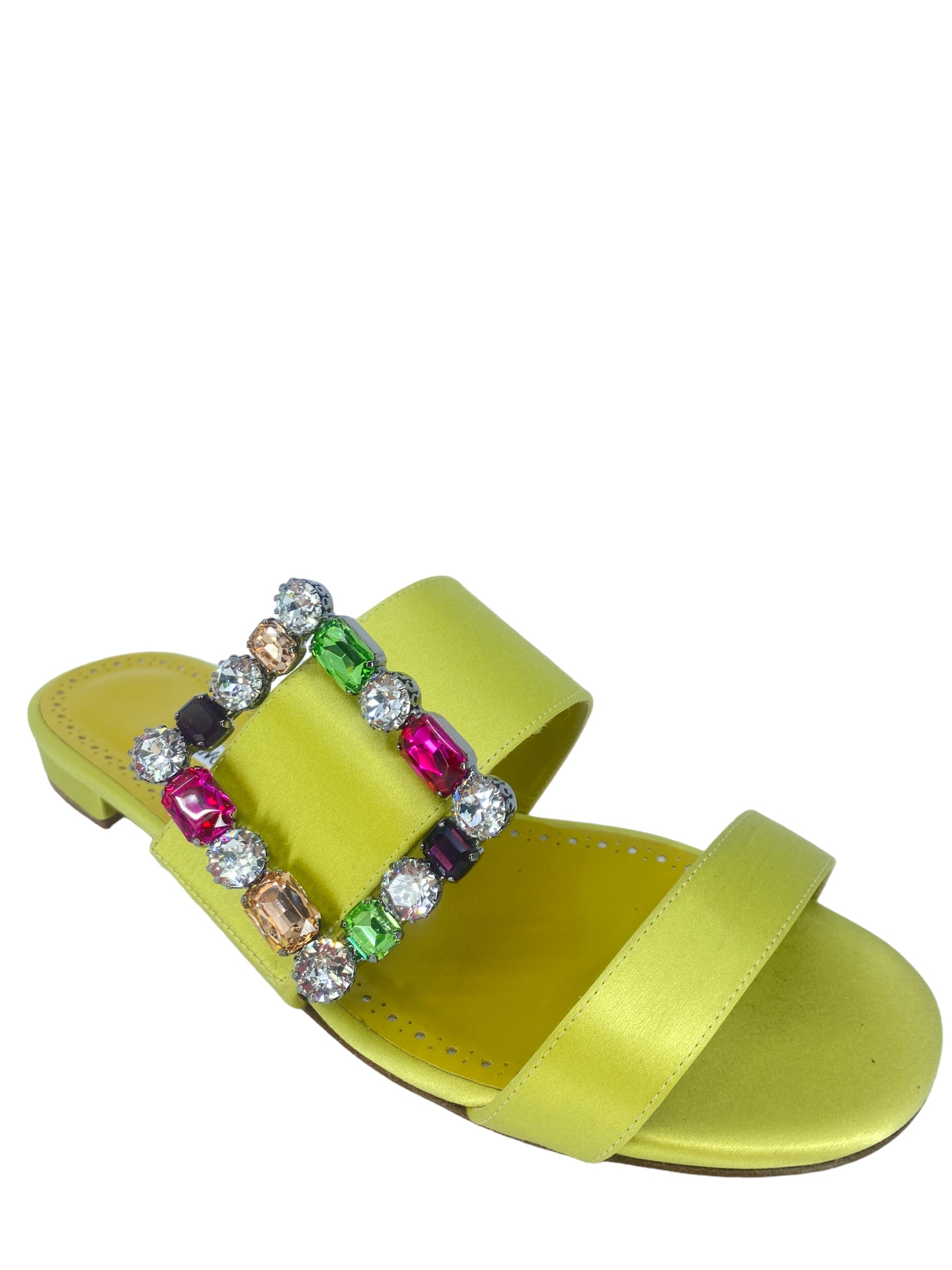 Manolo Blahnik Verda Crystal Buckle Flat Sandals In Green Size 38 1/2