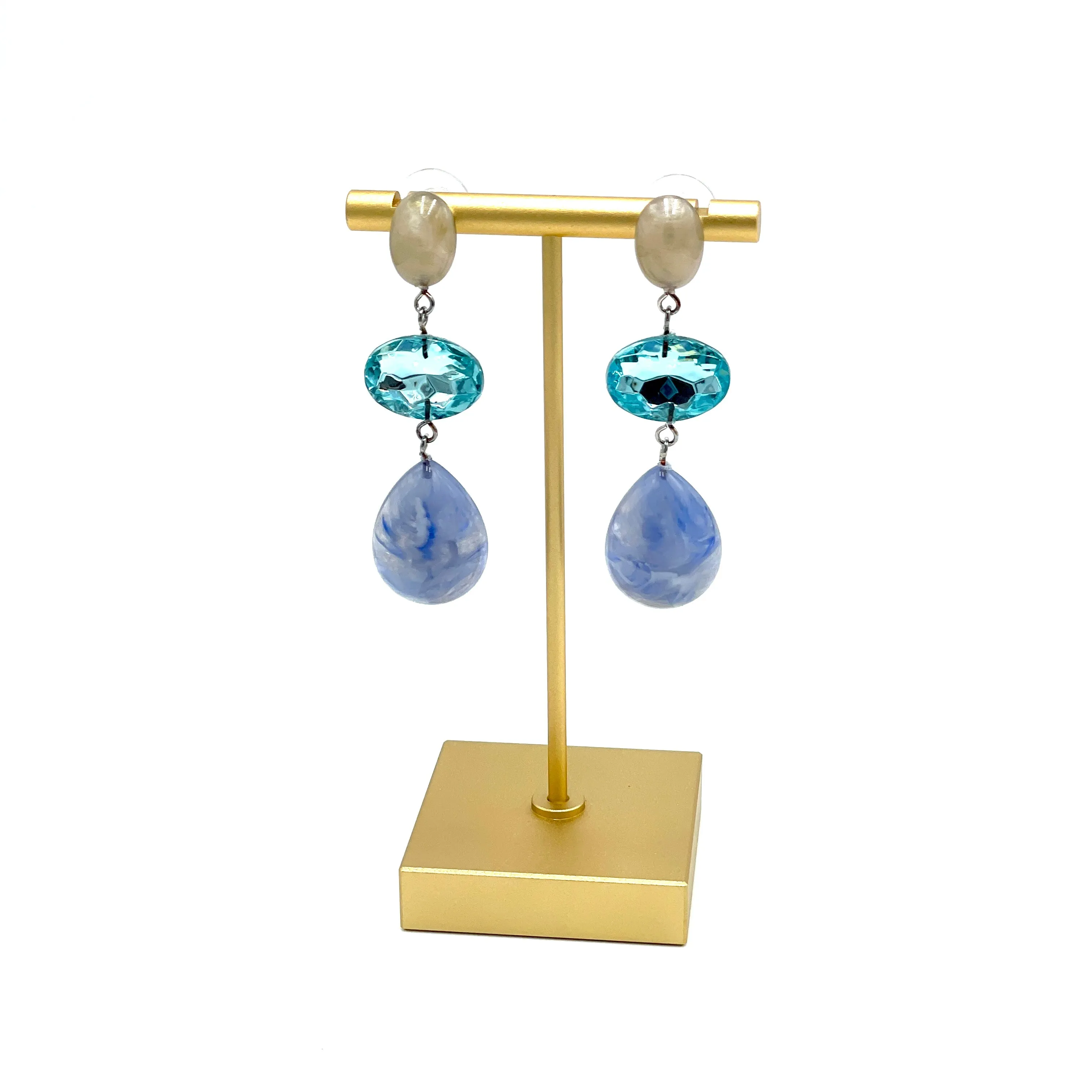 Marbled Sapphire & Faceted Aqua Lucite Trinket Earrings