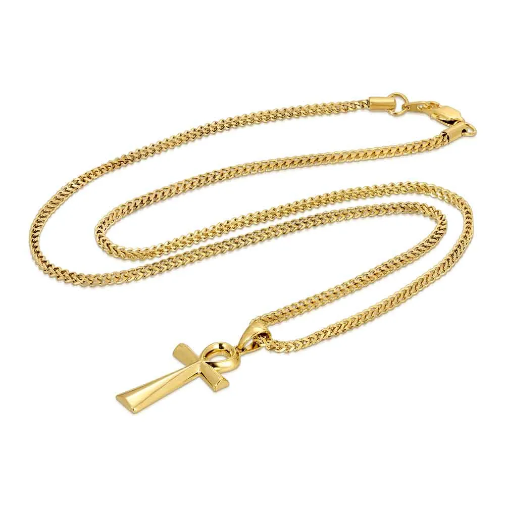 Micro Ankh Cross Necklace Pendant & Franco Chain