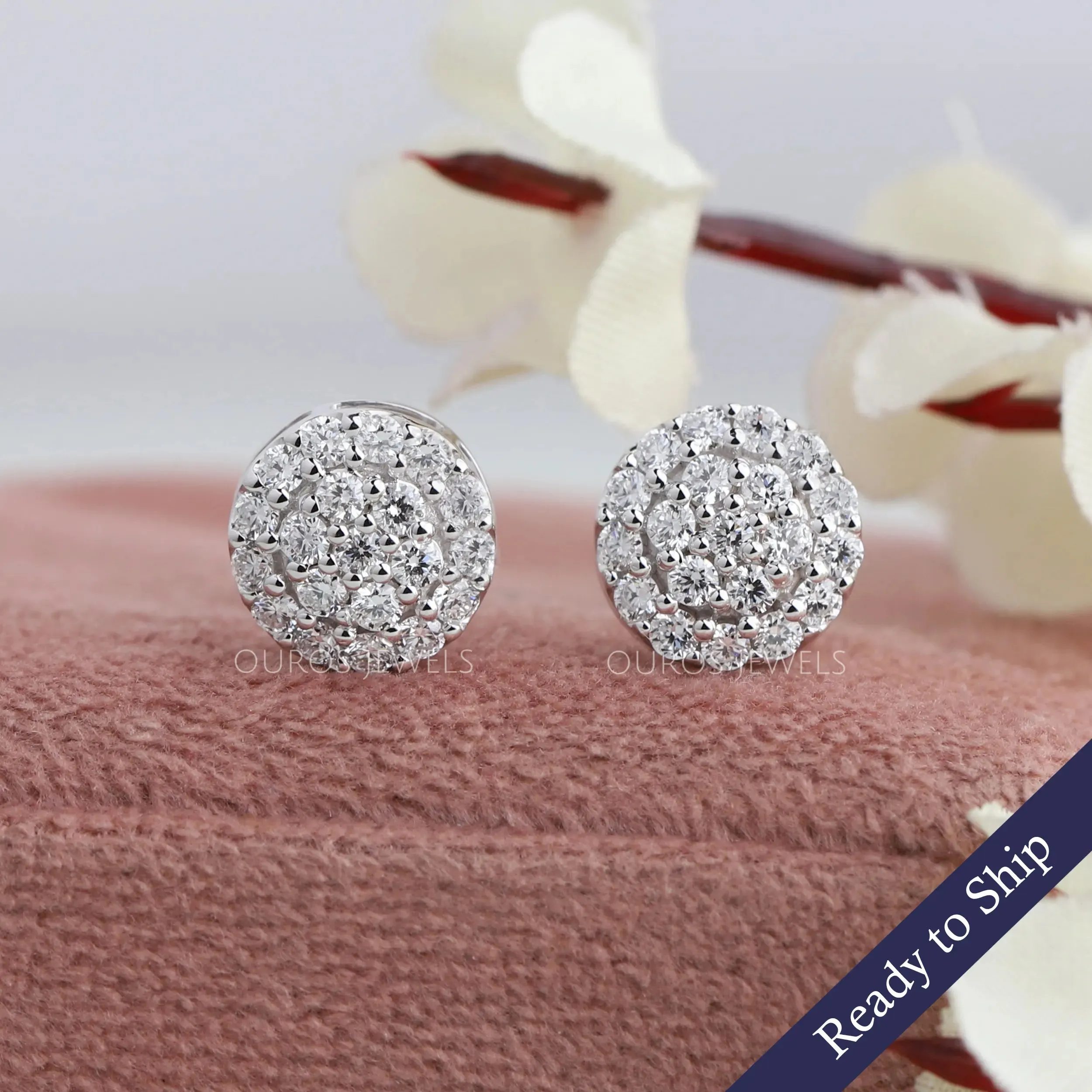 Pave Set Round Diamond Halo Stud Earrings