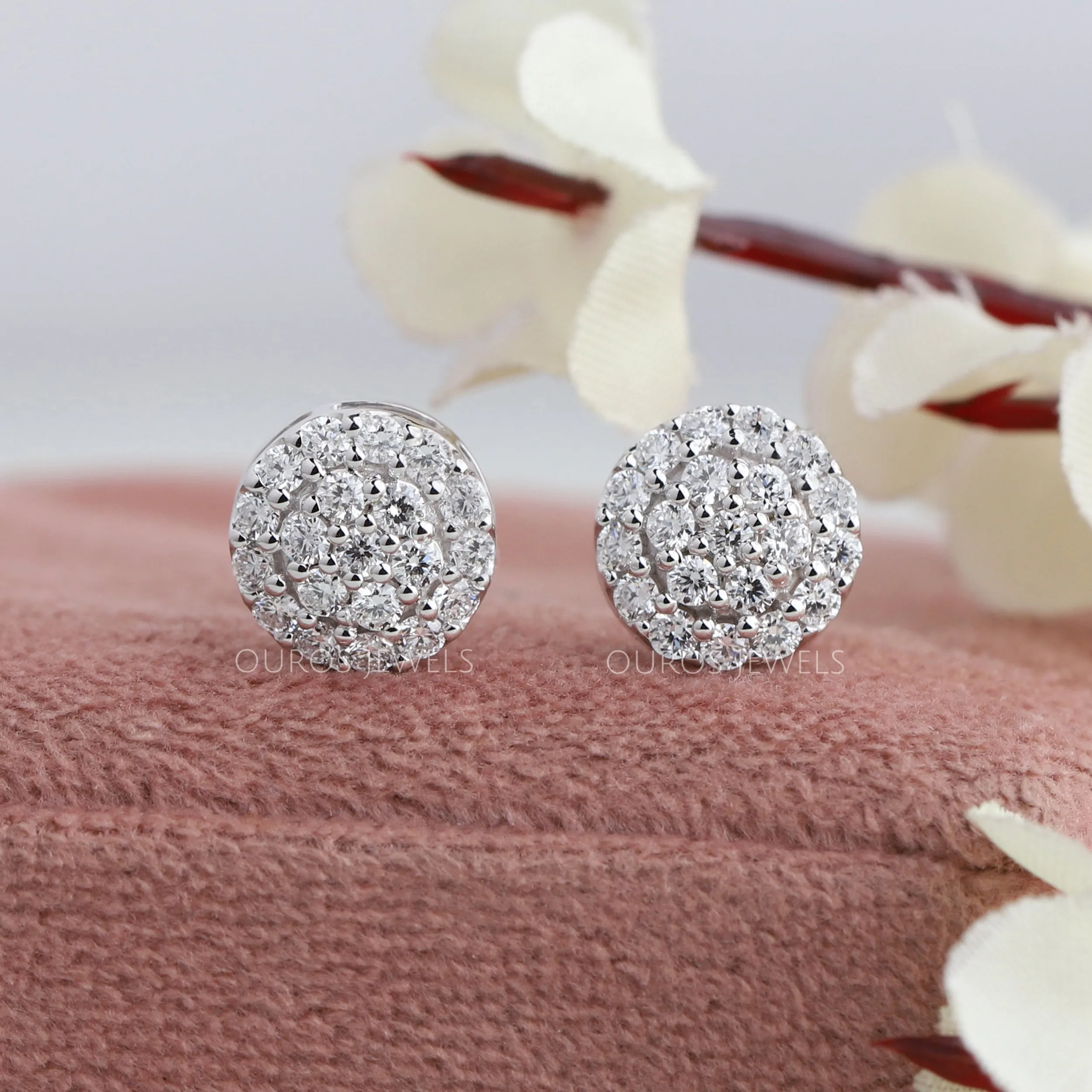 Pave Set Round Diamond Halo Stud Earrings