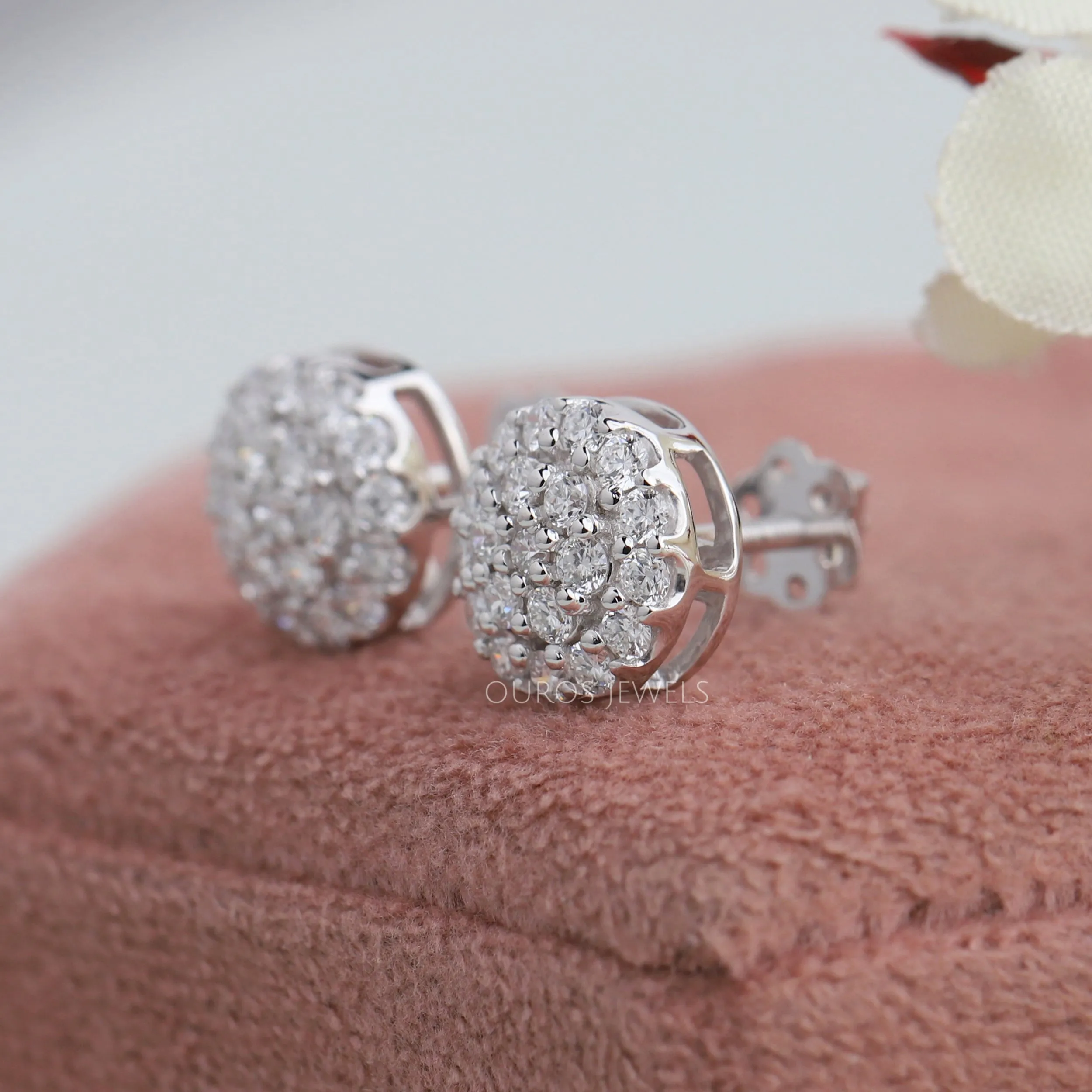 Pave Set Round Diamond Halo Stud Earrings