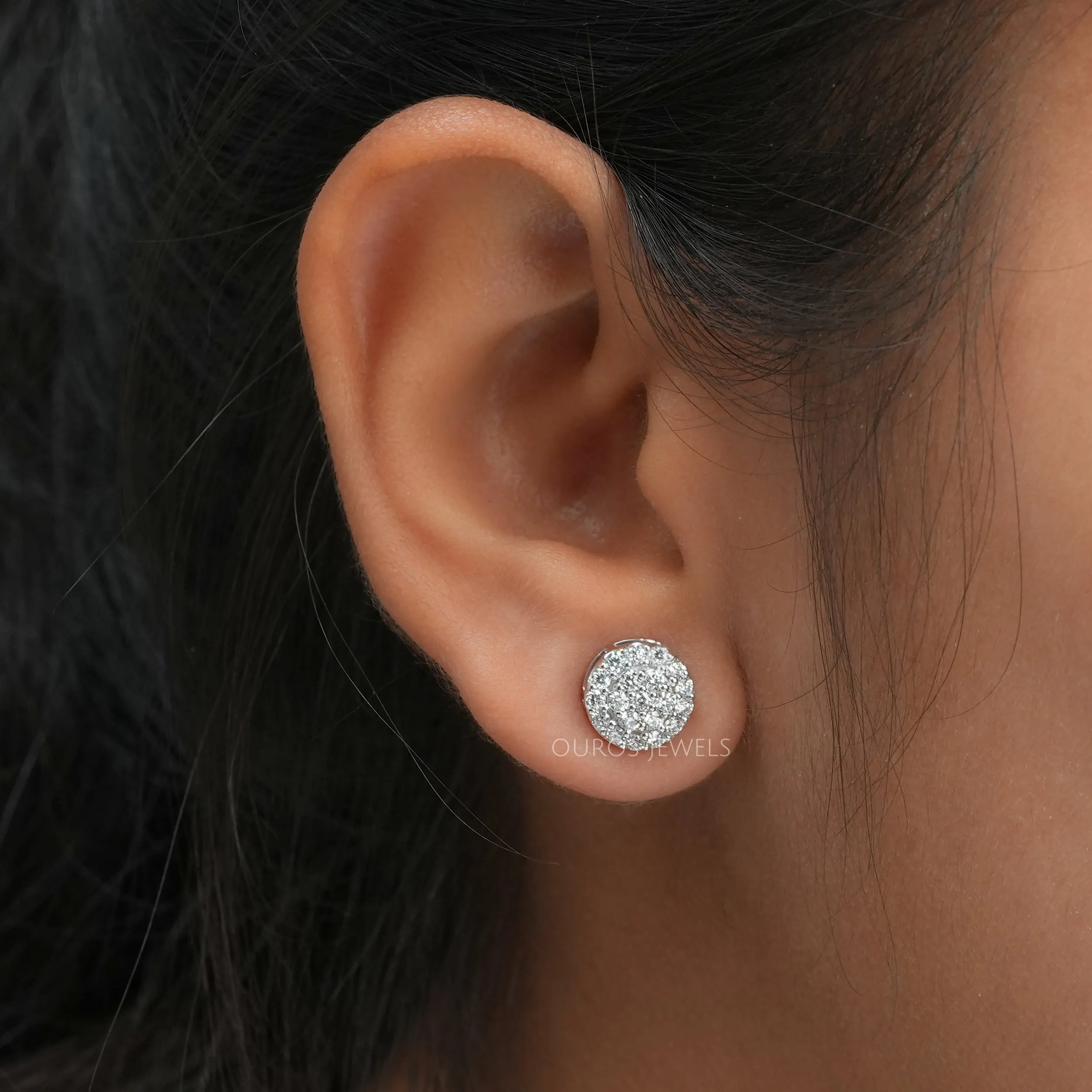 Pave Set Round Diamond Halo Stud Earrings