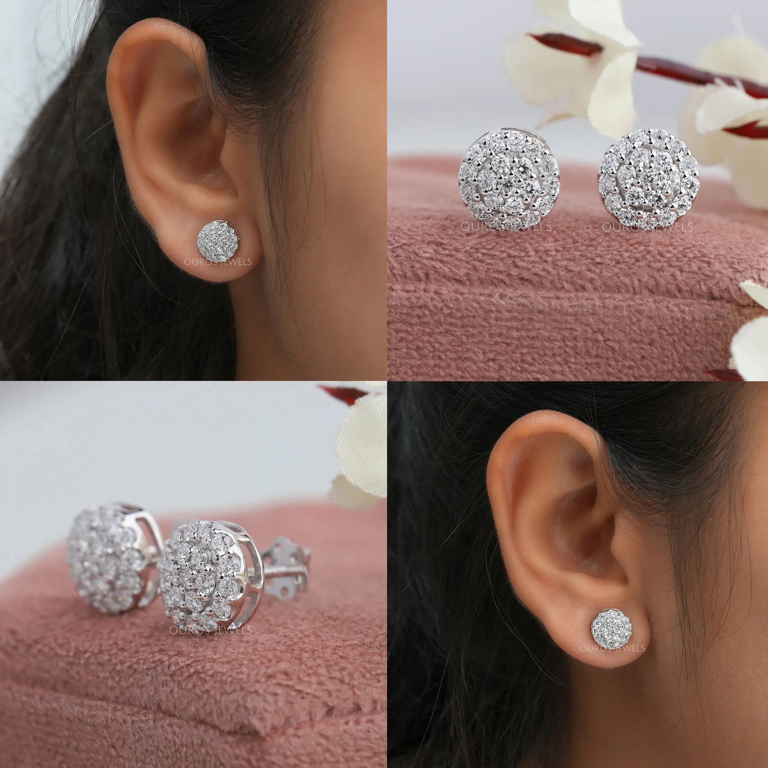 Pave Set Round Diamond Halo Stud Earrings