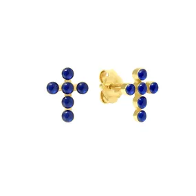 Pearled Cross Earrings, Lapis, Yellow Gold